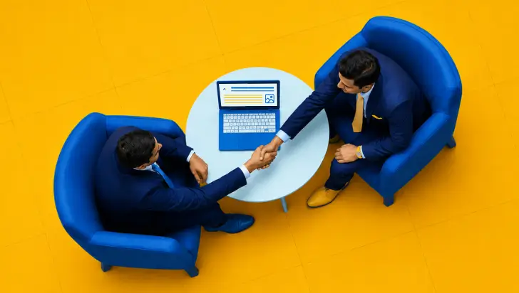 Two businessmen in blue suits shaking hands over a laptop on a yellow background, overhead view.