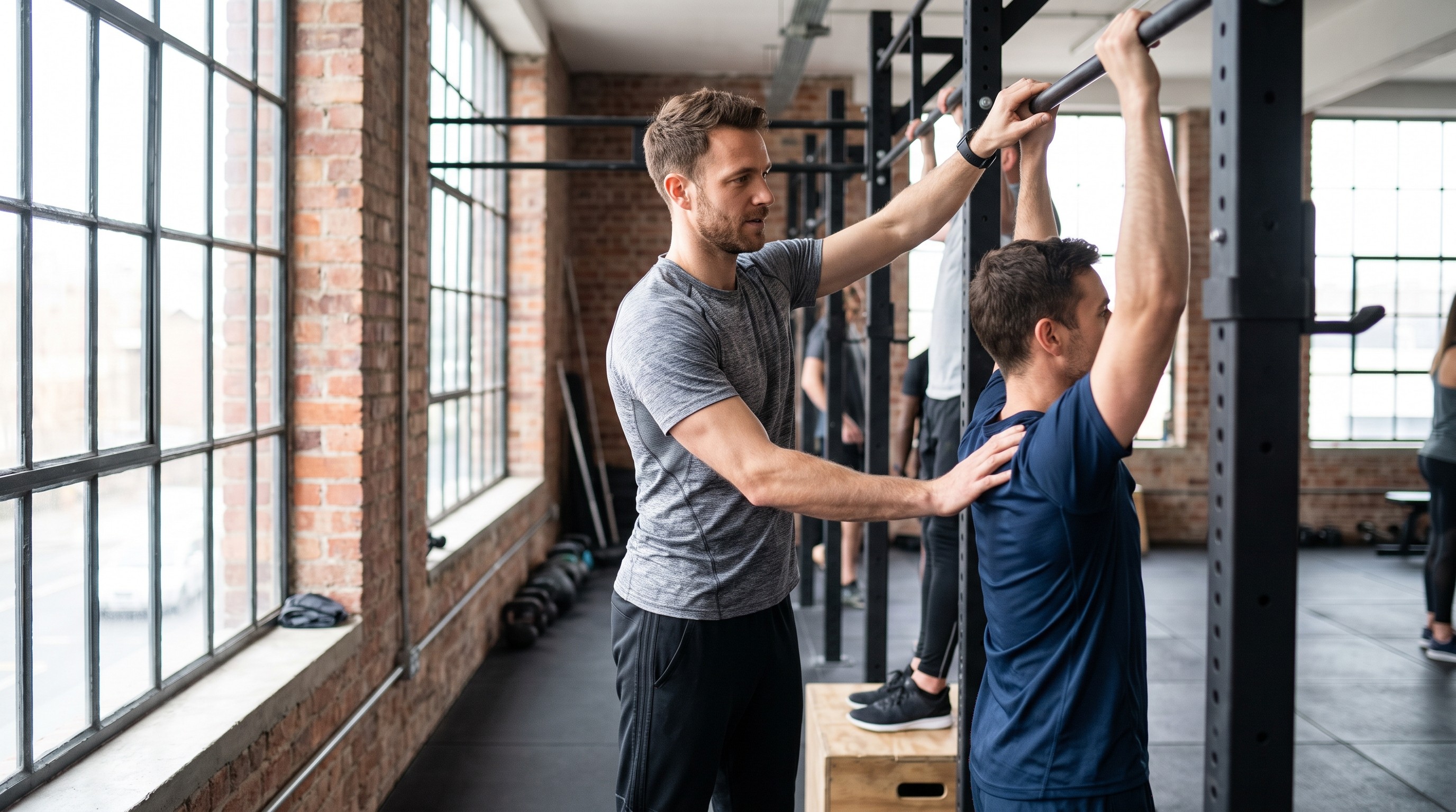 istruttore calisthenics corregge la progressione di un cliente durante un pull-up in palestra