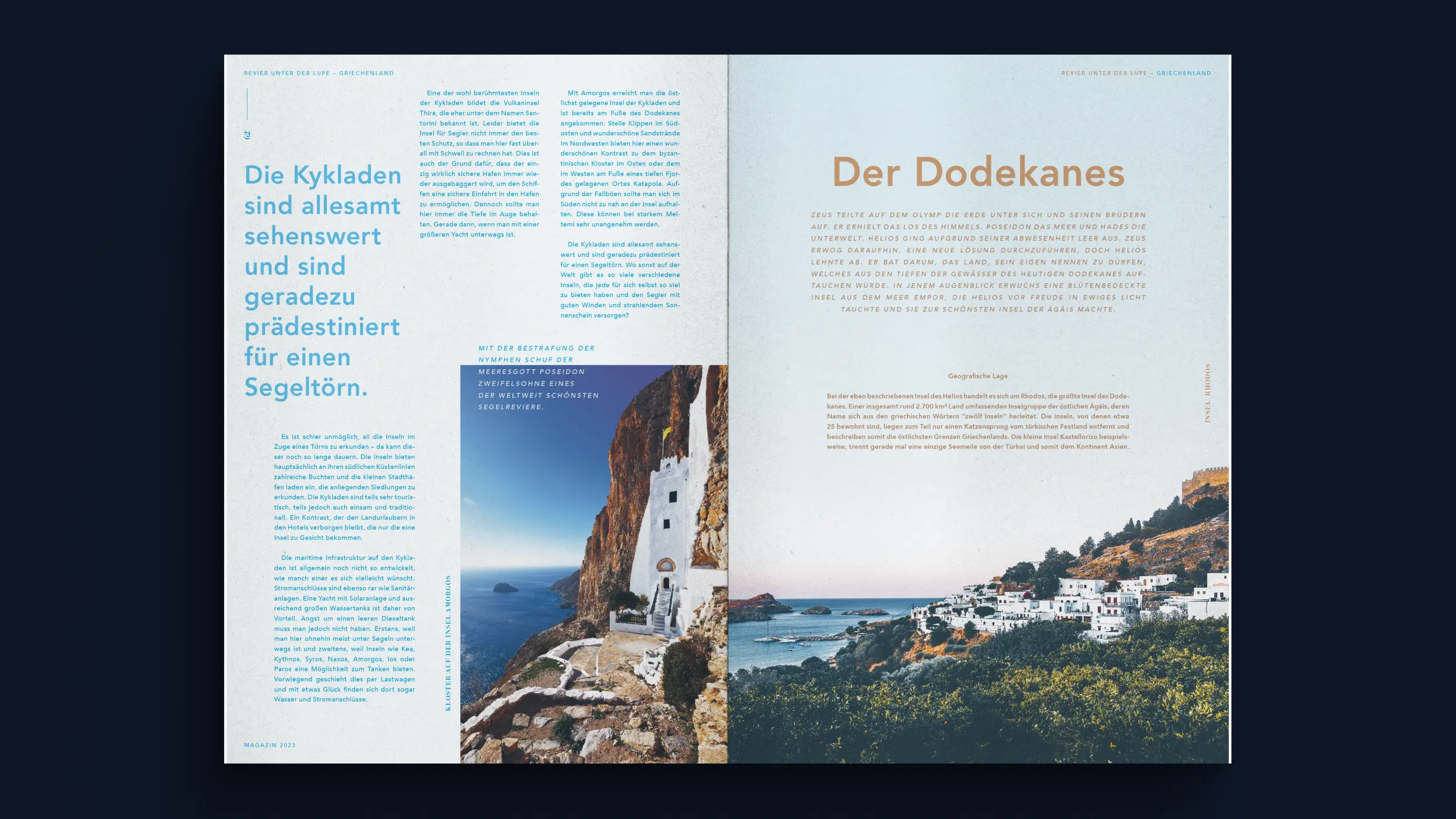 Magazin-Spread zu Kykladen und Dodekanes mit Texten zum Segeln und Fotos von Amorgos und Rhodos.