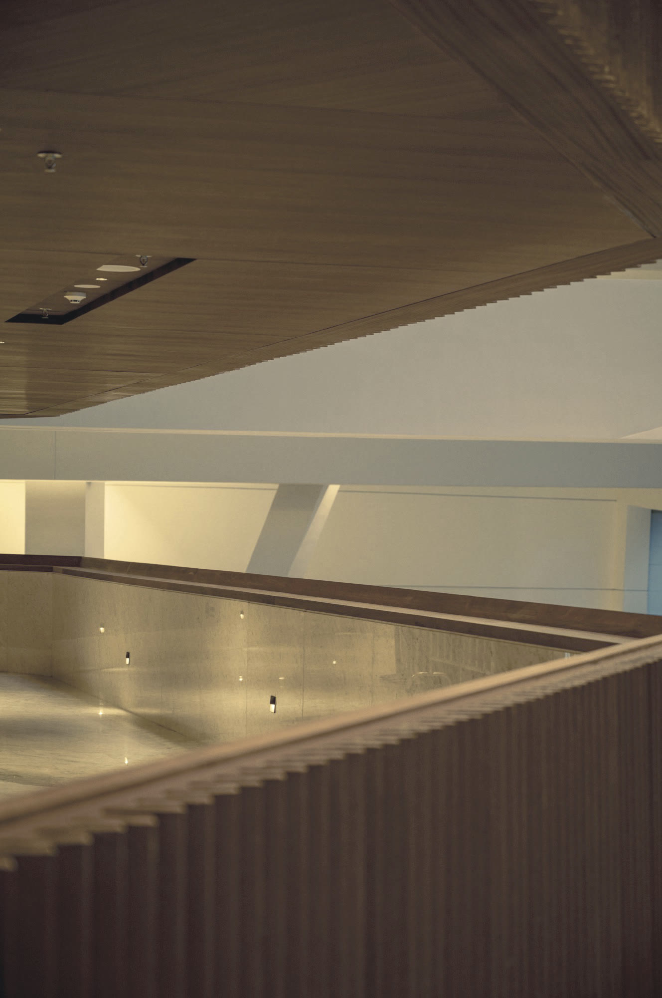 Oak balcony rail looking down into the hall