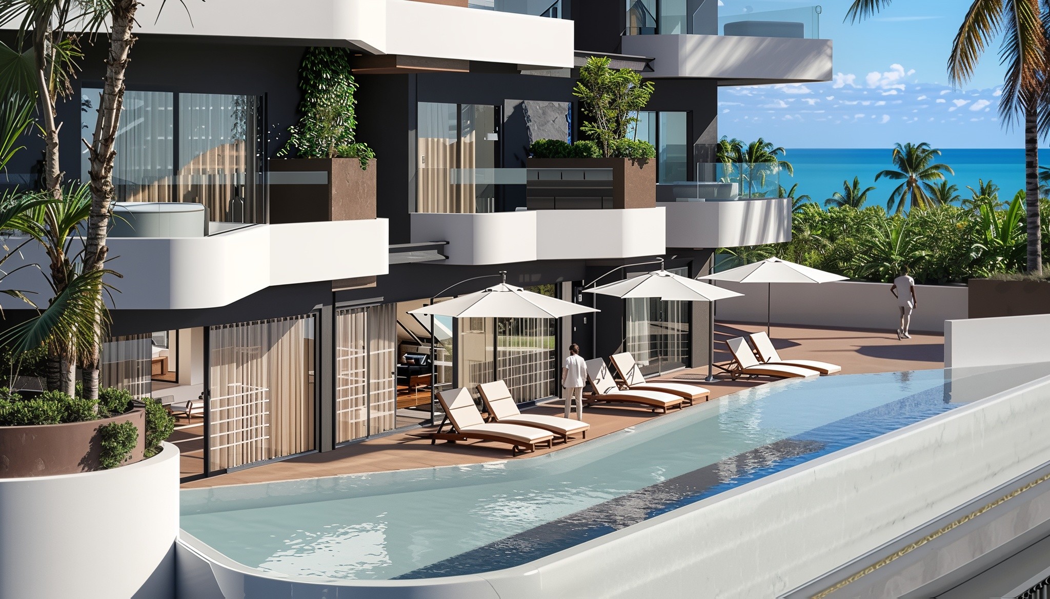 The Marea Residences, a high-rise structure with a verdant rooftop garden brimming with diverse plant life.