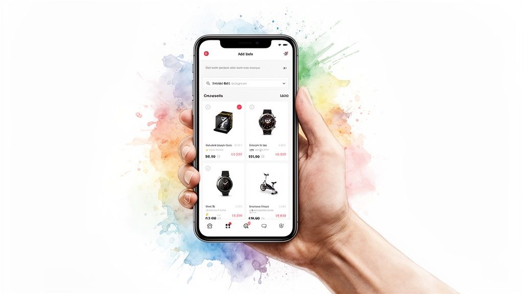 Hand holding a smartphone displaying an e-commerce app with watches and a mini-bike for sale.