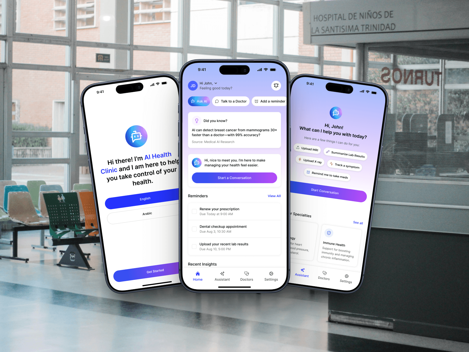 Three screens of the AI Health Clinic app showing a welcome screen, a home dashboard with reminders and health insights, and an AI assistant screen with quick actions, displayed against a hospital waiting room background.