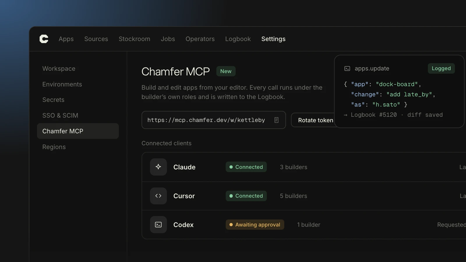 The Chamfer MCP connections panel listing Claude Code, Cursor and Codex as connected clients, each with a revoke button