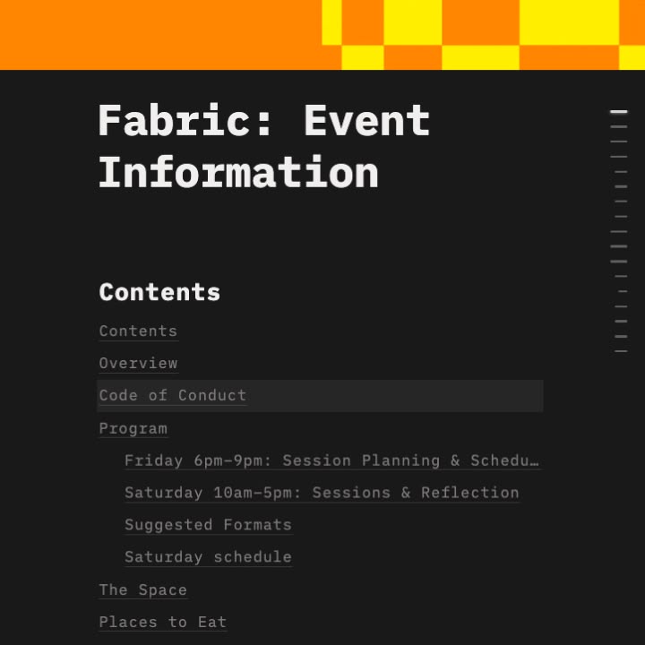 Alt text: "Fabric: Event Information page with a black background and orange header. Contents list includes overview, code of conduct, and program schedule."
