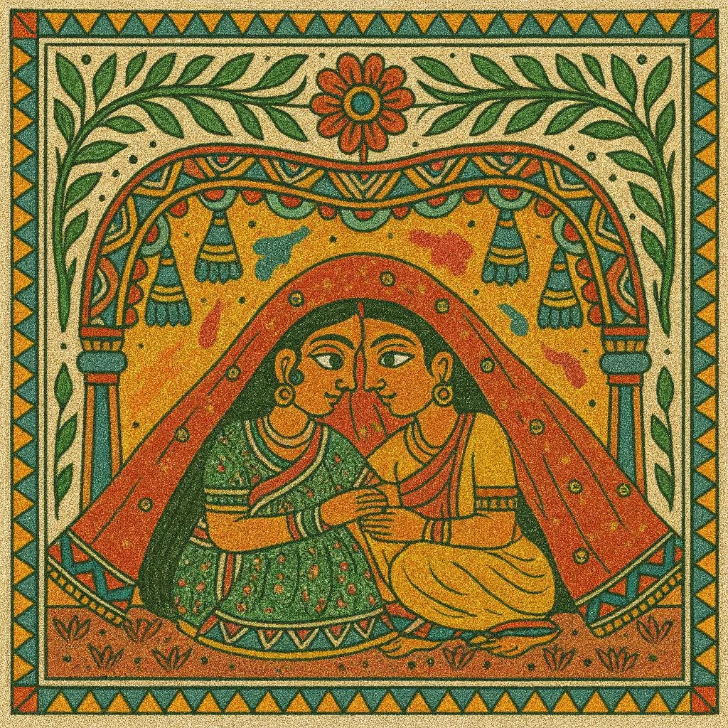 two girls sitting covered by a dupatta, mithila painting