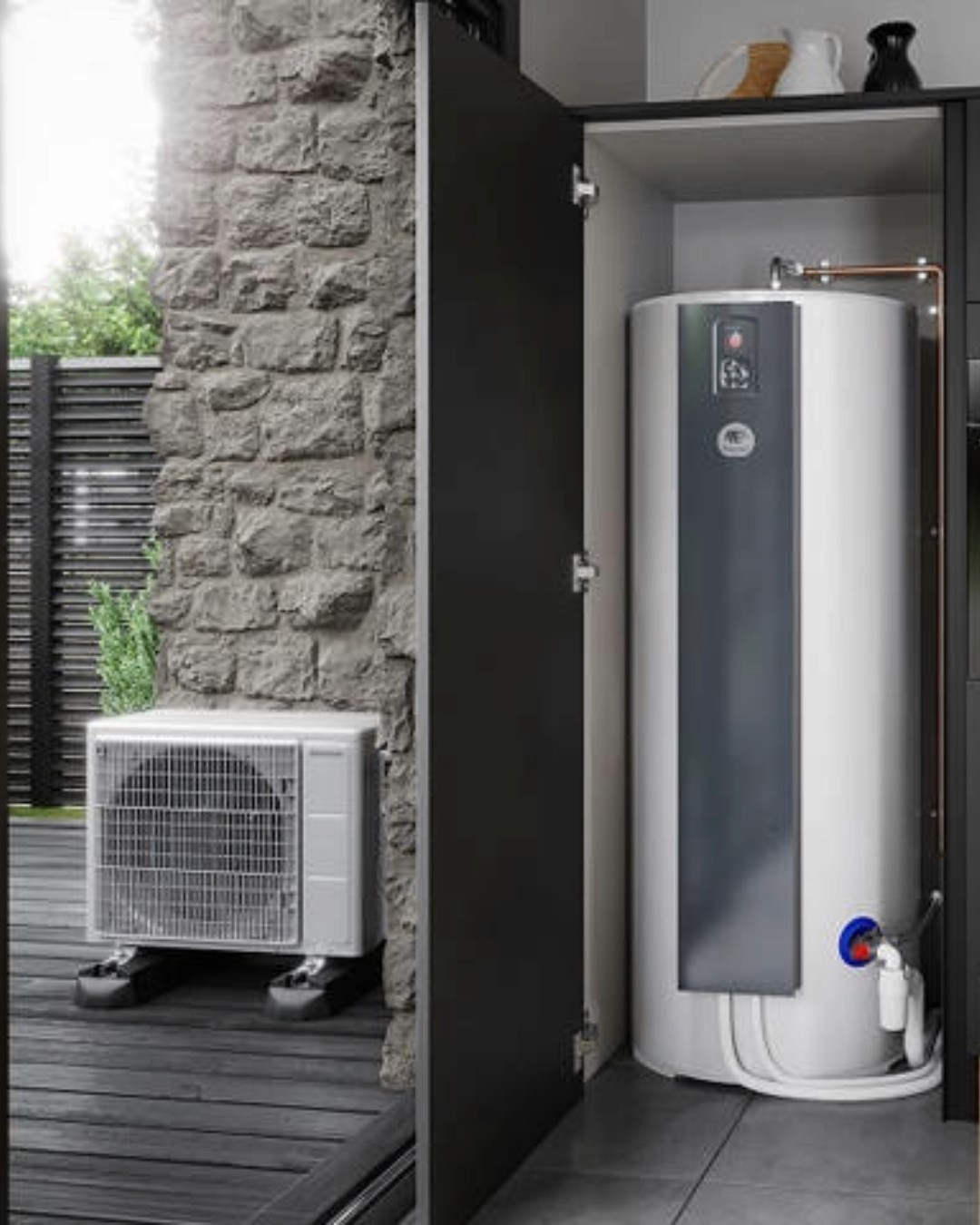 Two technicians are working on an air conditioner unit that is mounted on a wall.