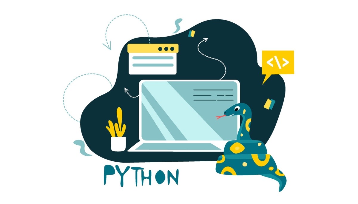 Illustration of a laptop displaying code with a coiled snake in front, surrounded by programming icons.