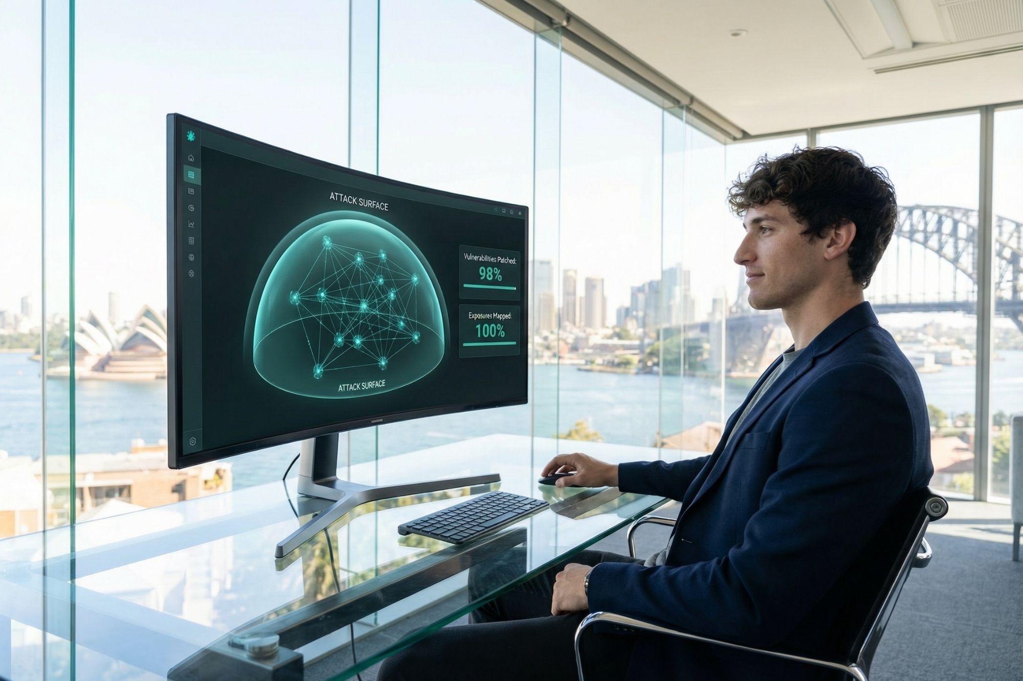 Security analyst working on attack surface risks on computer in office