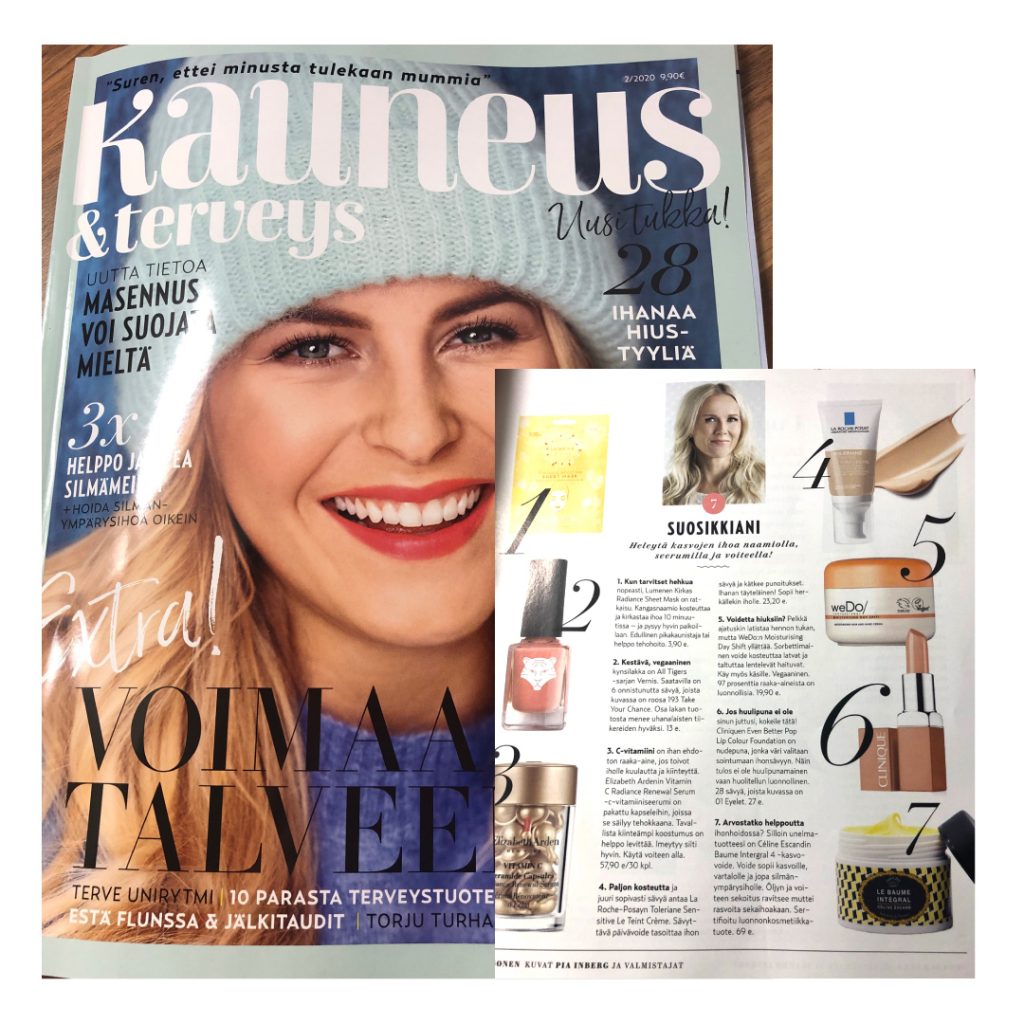Magazine finlandais Kauneus & Terveys présentant Le Baume Intégral dans la sélection beauté hivernale, aux côtés de marques comme Clinique et WeDo