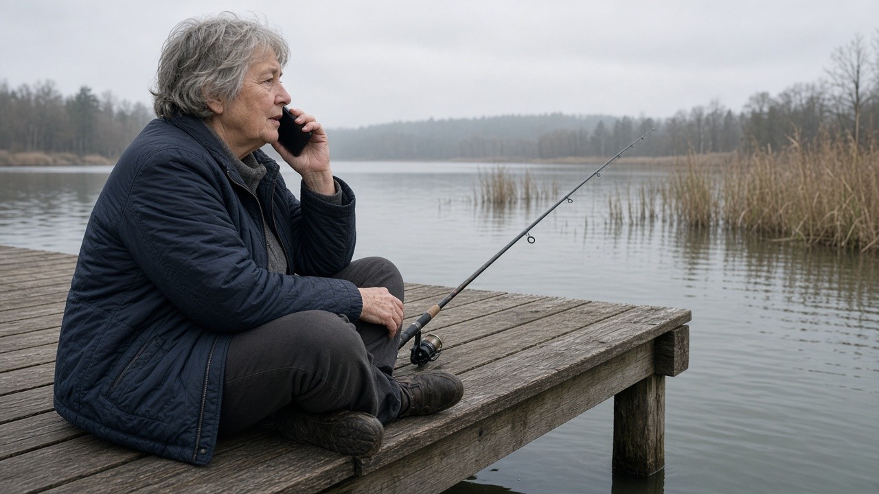 The image shows an elderly person sitting on the edge of a wooden pier by a calm lake, holding a fishing rod and talking on a mobile phone. The person is dressed warmly in a blue quilted jacket and dark pants, with short gray hair. The background includes a serene natural setting with bare trees and tall grasses along the water's edge, under an overcast sky. This image could be used to represent themes such as outdoor leisure activities for seniors, elderly safety and monitoring while engaging in hobbies, or communication technologies aiding independent living.