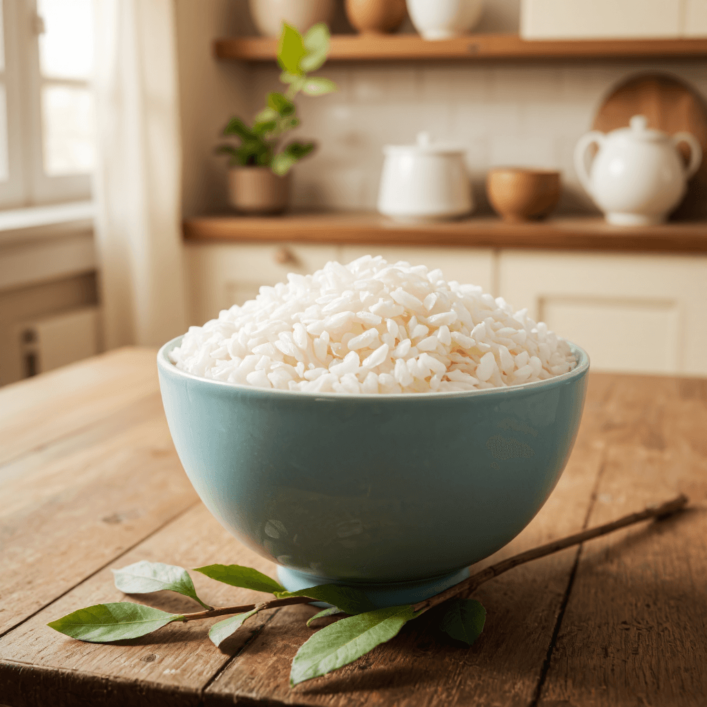 product photography of a bowl of cooked rice, typically used as a staple food