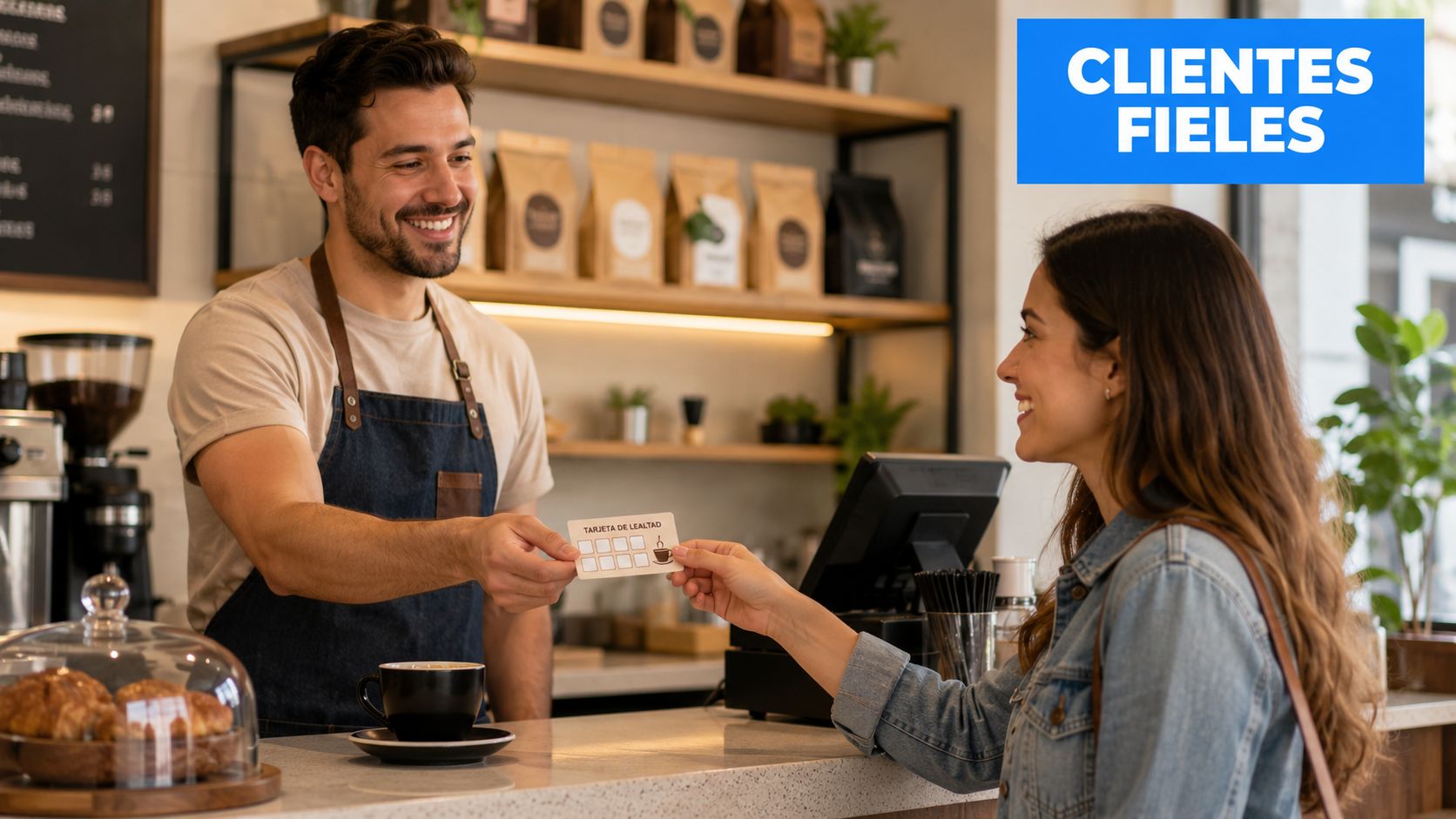 Un barista sonriente entregando una tarjeta de lealtad a una cliente en una cafetería acogedora.