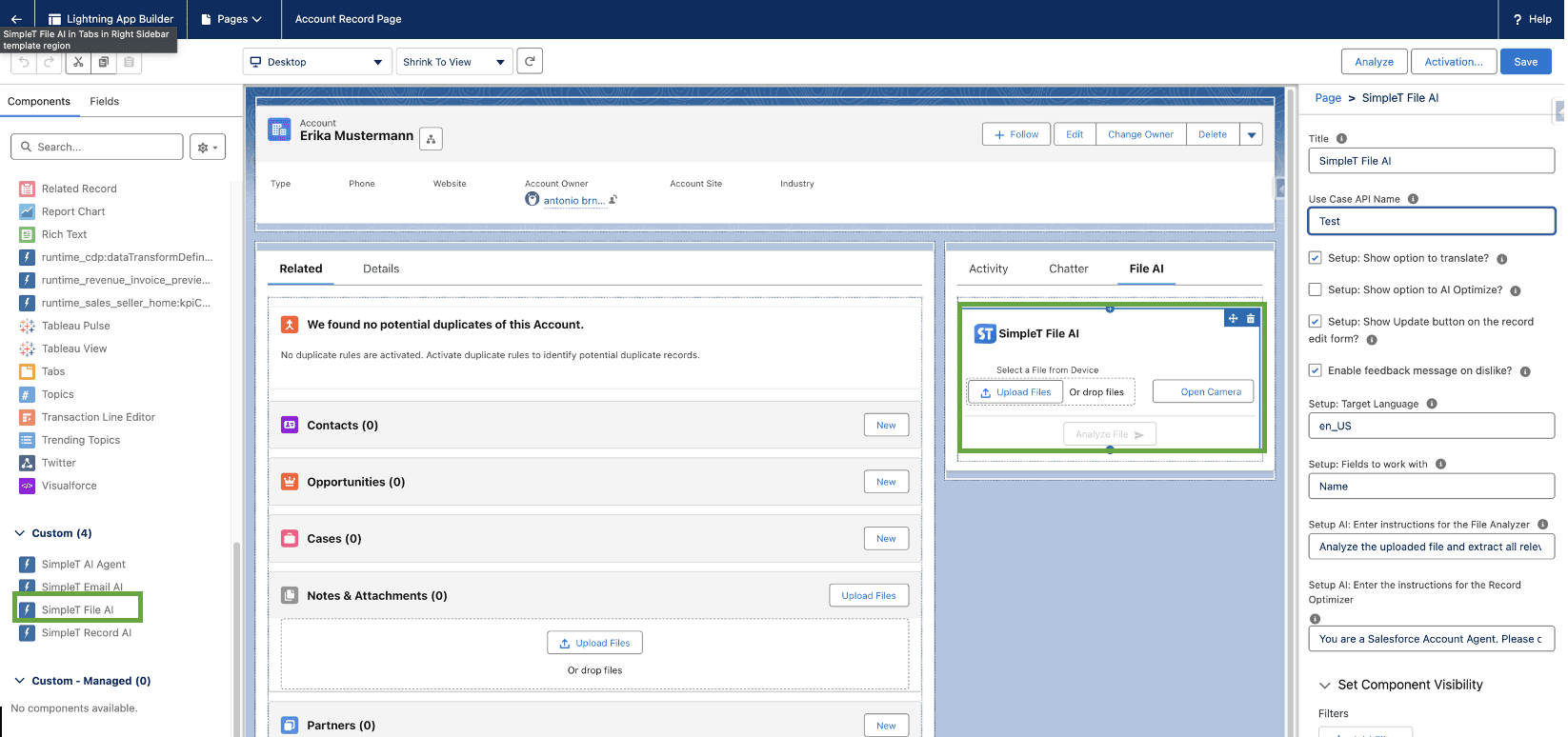 SimpleT File AI Component Setup on Salesforce Record Page