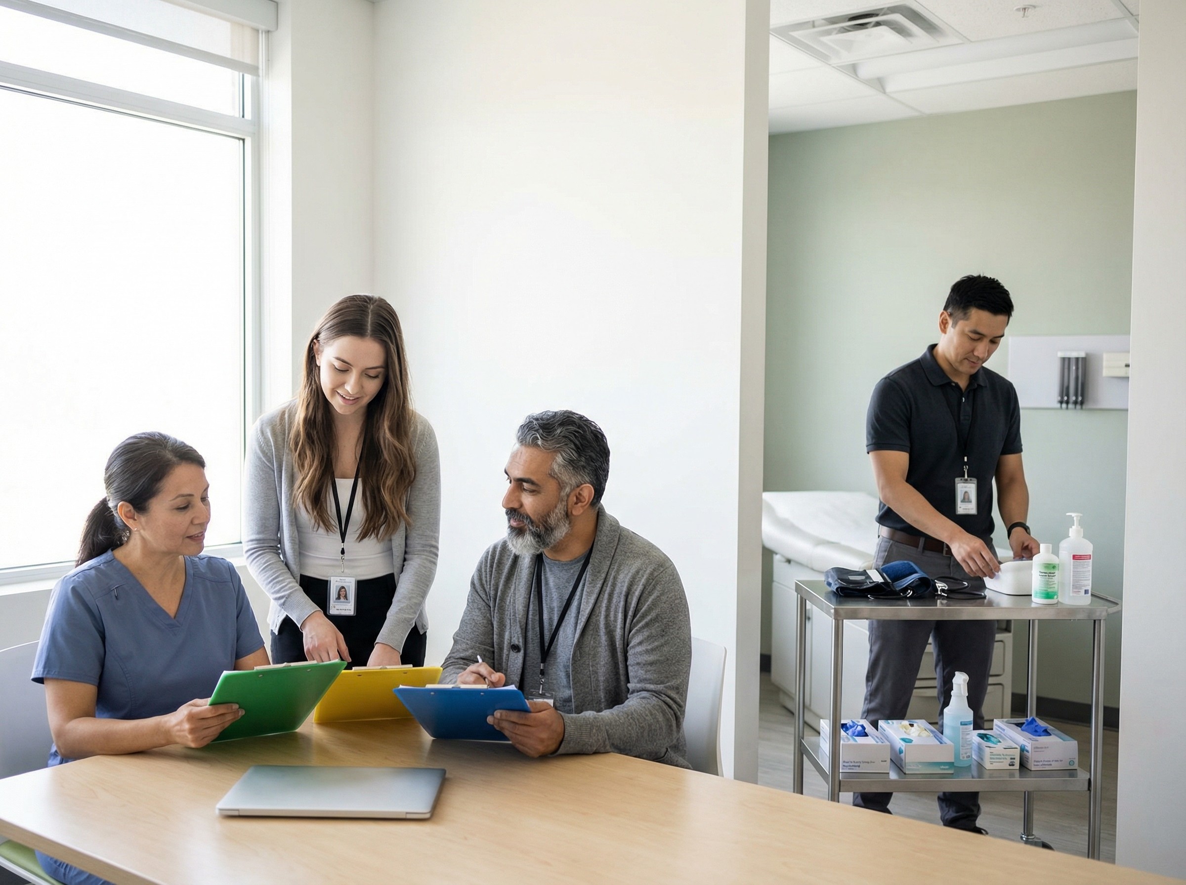 Ein Team bespricht den Tagesablauf an einem Tisch mit farblich markierten Klemmbrettern. Nebenan werden Räume vorbereitet, eine Mitarbeiterin legt Manschetten und Desinfektionsmittel bereit. Die Szene zeigt klare Rollenverteilung und ruhige Startphase, bevor die ersten Check-ups beginnen.