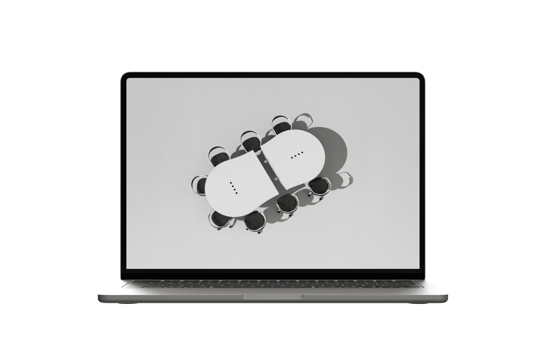 Laptop displaying a pixelated 3D visualization of a modular meeting table system.