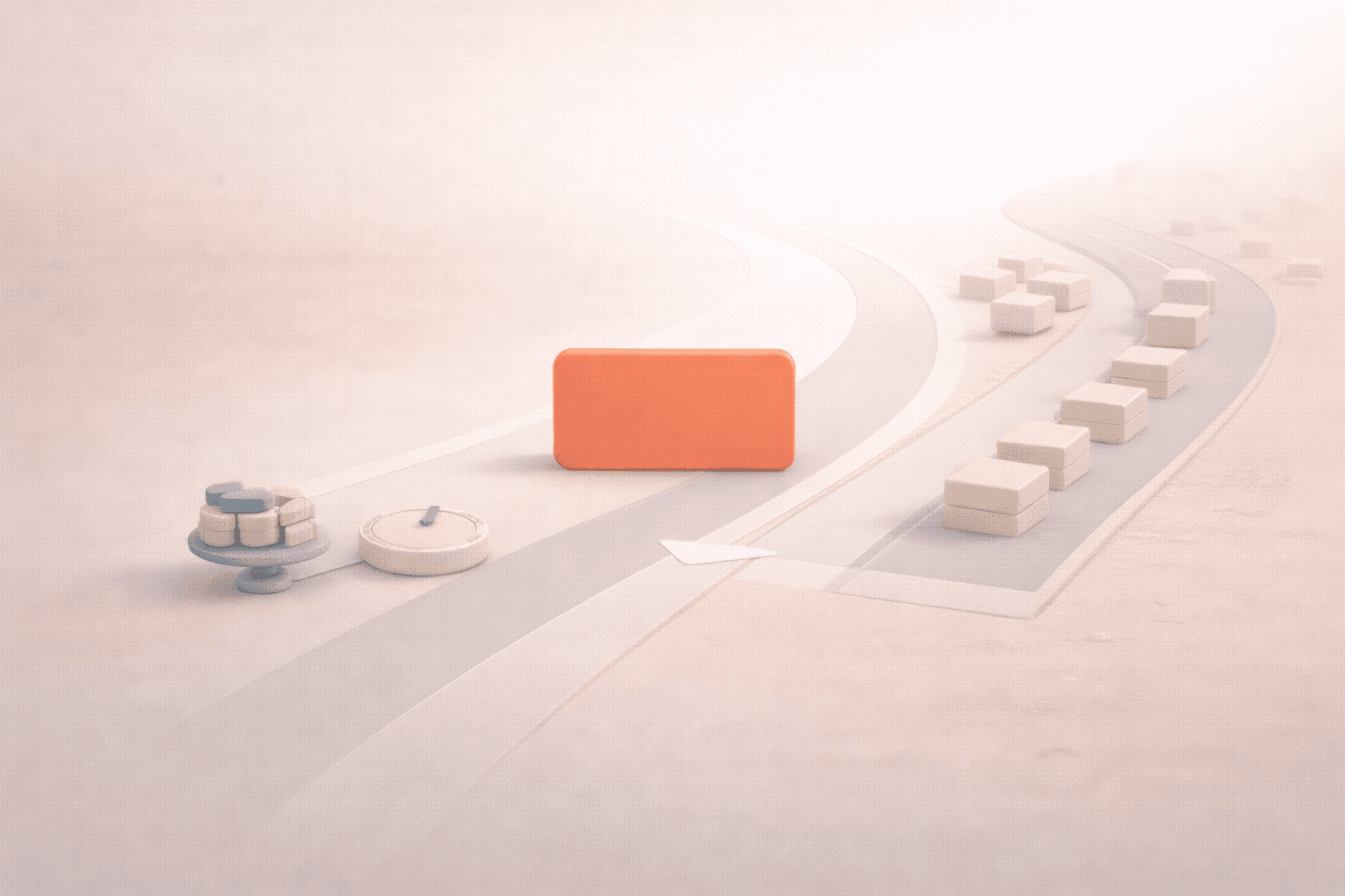 Minimalistische 3D-Illustration einer korallfarbenen Fokuskarte auf einem klaren Hauptpfad, während mehrere helle Admin-Aufgaben in eine separate, geordnete Delegationsspur abzweigen, ergänzt durch dezente Zeit- und Wertsymbole, die den Gewinn an Fokus durch Delegation auf warmem cremefarbenem Hintergrund darstellen.