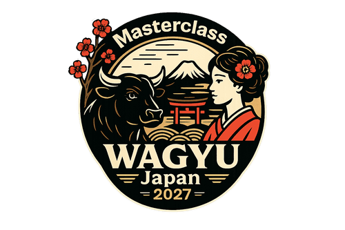Emblem der Wagyu Masterclass Japan 2027 mit Rind, Fuji und Torii