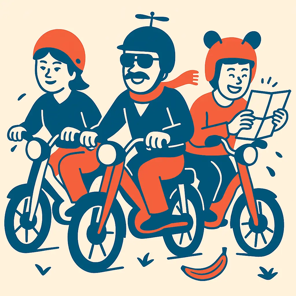 Équipe en rallye mobylettes avec carte et casques lors d'un team building La Jeance