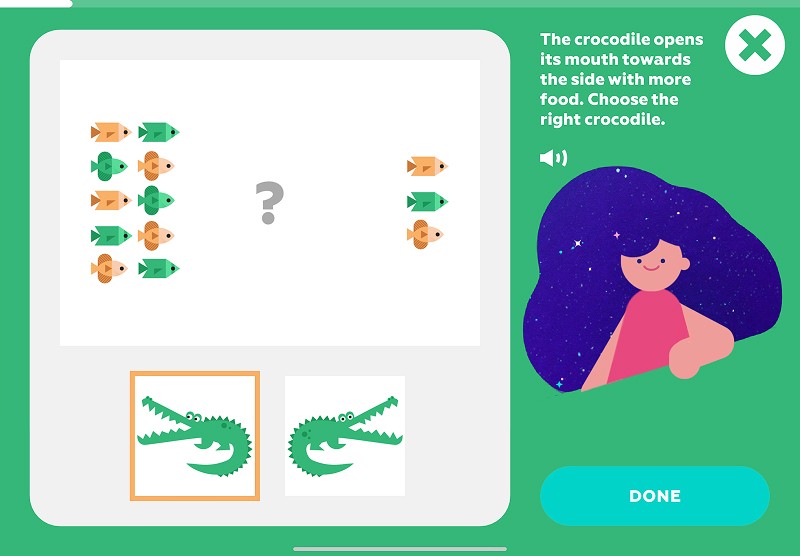 Compare numbers: choose the crocodile that will eat the bigger group of fish