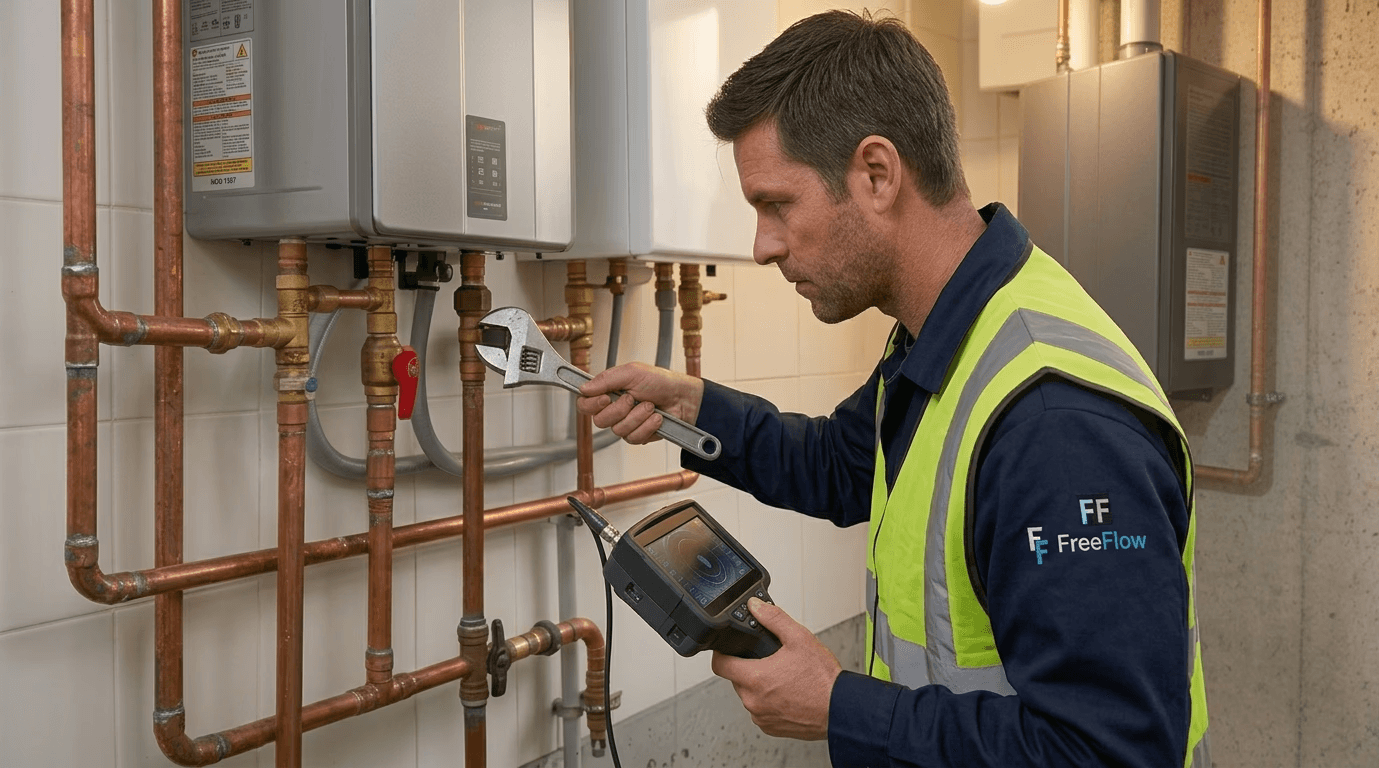 Plumber in a high-vis safety vest adjusting copper pipes on a boiler system with a wrench.
