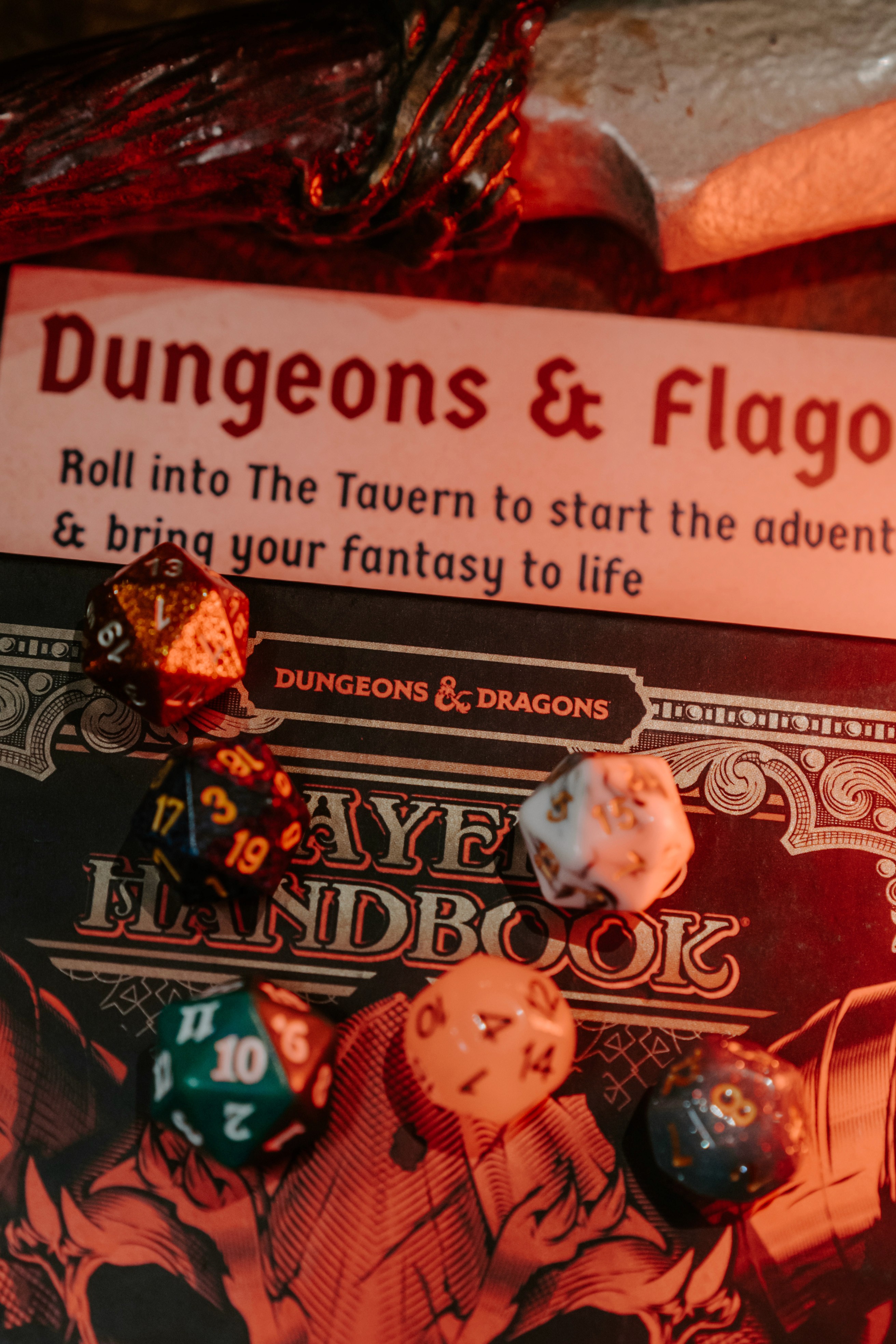 dungeons and flagons dice on flyer