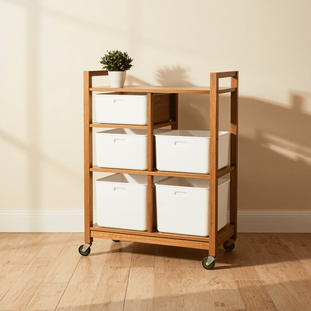 product photography of a wooden storage cart with white bins for organization