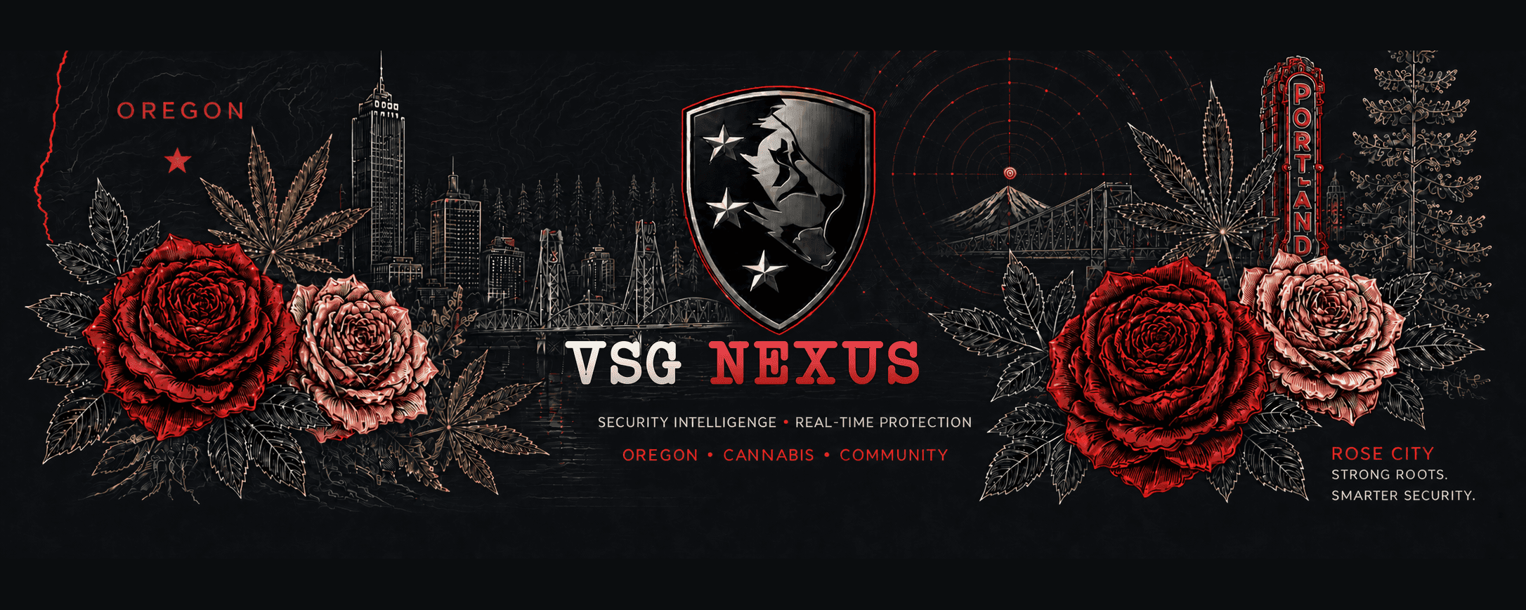 VSG Nexus Rose City banner with Oregon, Portland skyline, bridges, Mount Hood radar artwork, cannabis leaves, roses, Portland sign, and the VSG lion shield.