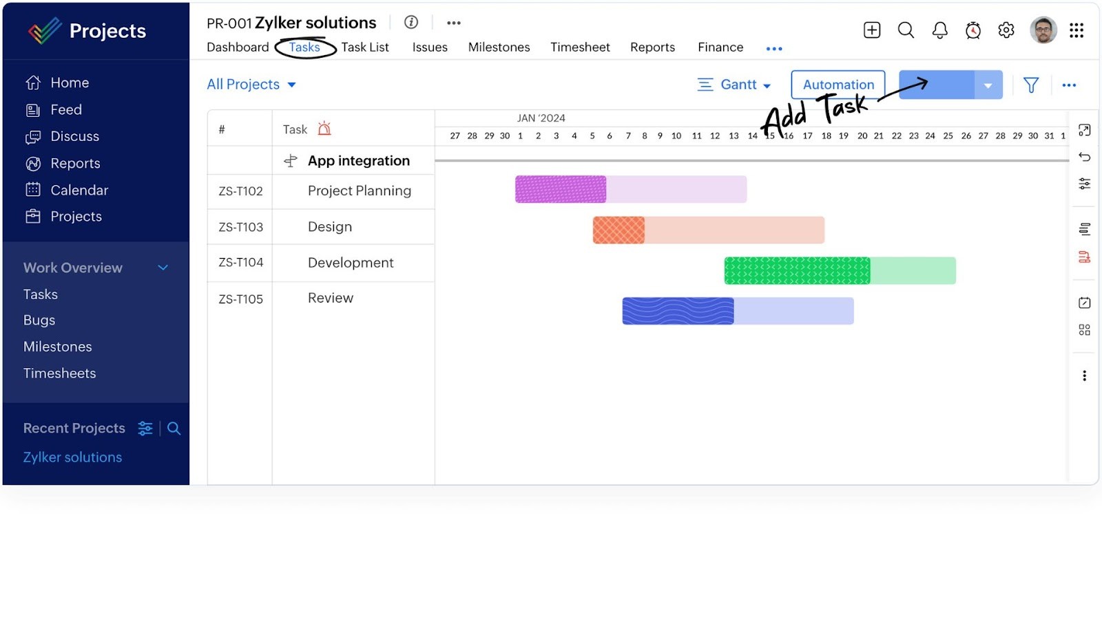 Zoho Projects' Gantt chart for planning project tasks