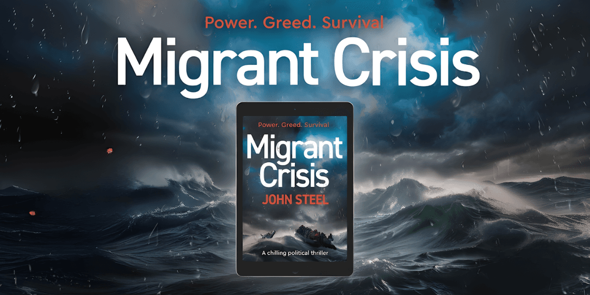 John Steel authoring Migrant Crisis, delivering a gripping political thriller exploring power, morality, and human cost through a tense, thought-provoking narrative