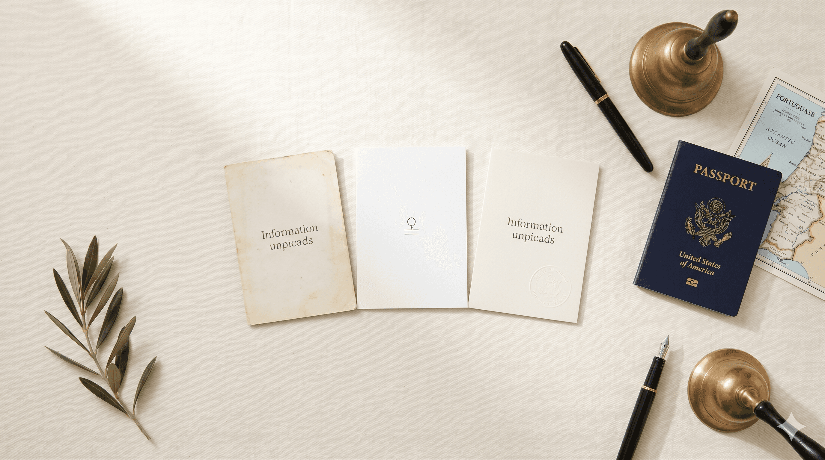 A flat-lay of three small printed cards arranged in a row, alongside a US passport, a Portuguese map, and a fountain pen, representing the three options Americans have for obtaining a Portuguese NIF.