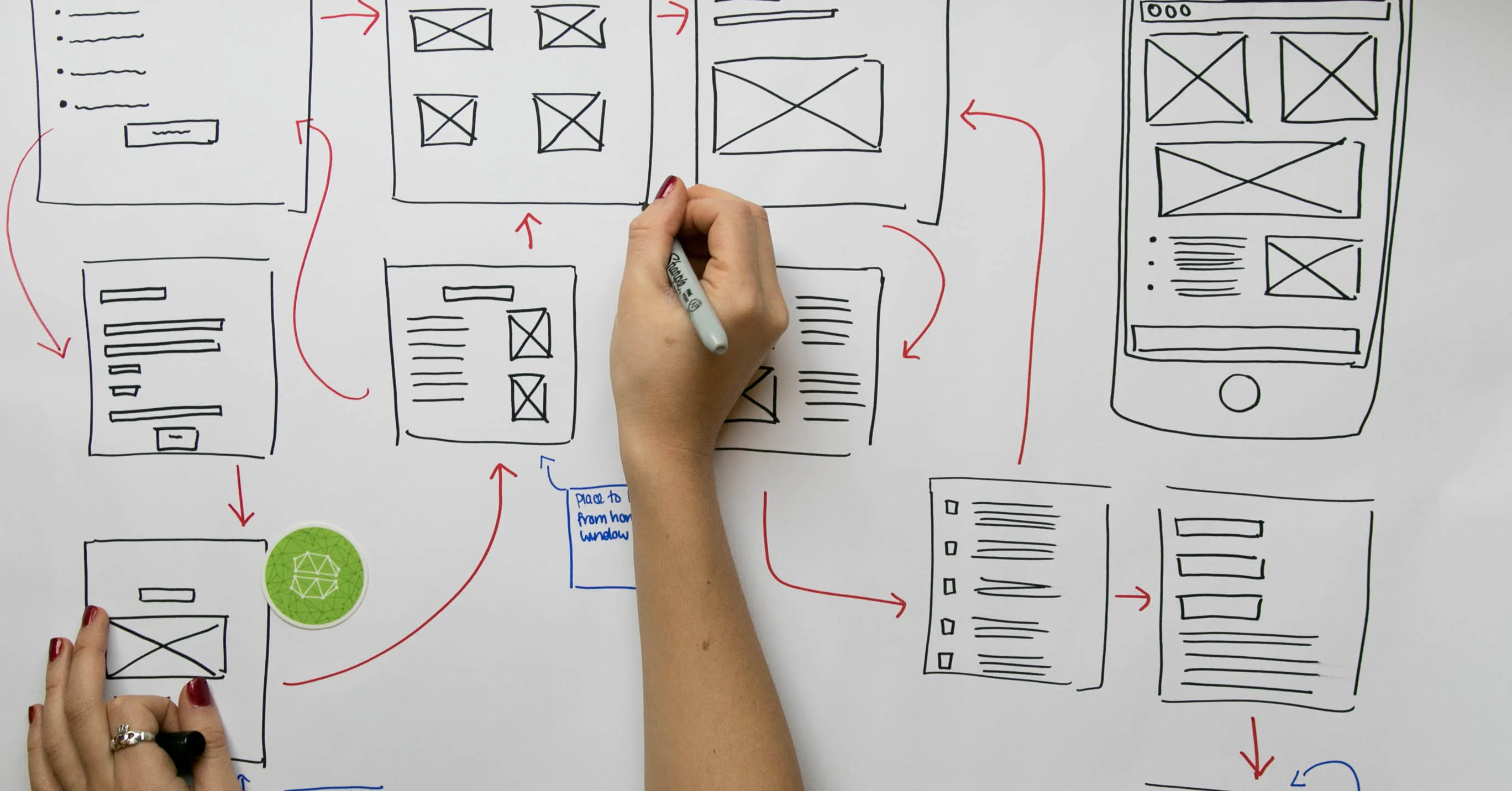 Person sketching a UX/UI wireframe flow on a whiteboard with black and red markers, showing various screen layouts, navigation paths, and a mobile interface mockup.