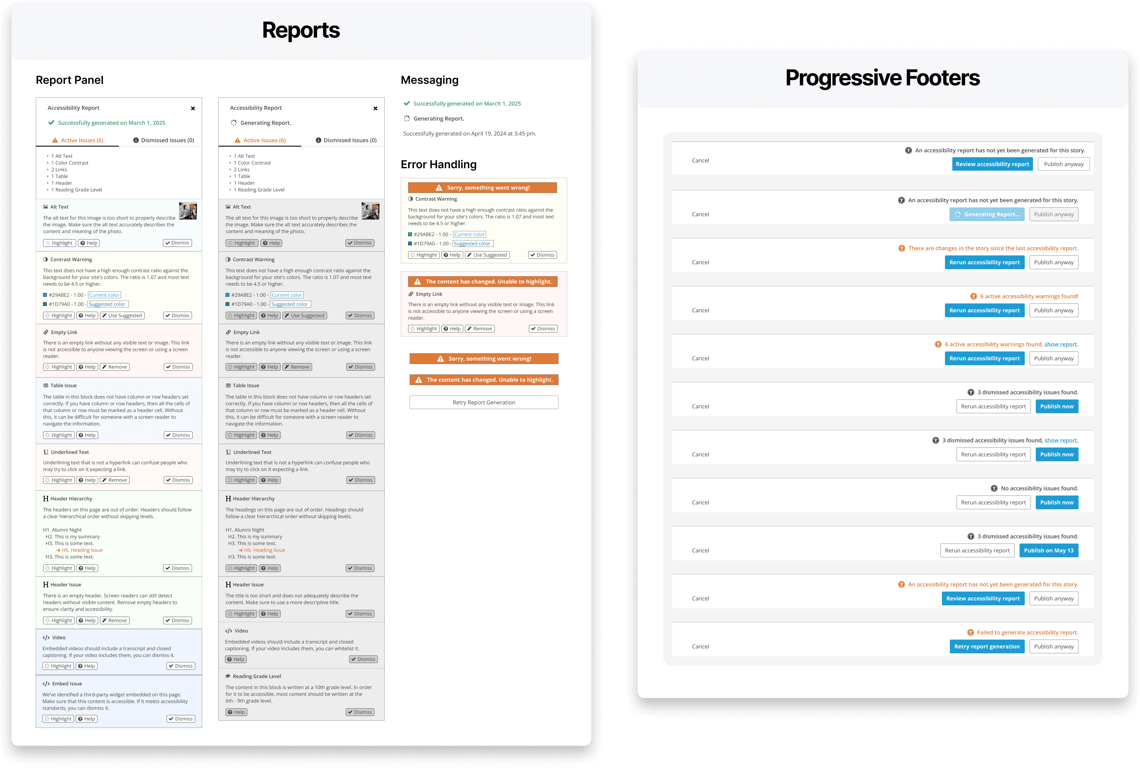 Two-step UI evolution of the “New Story” editor with an accessibility report panel. 