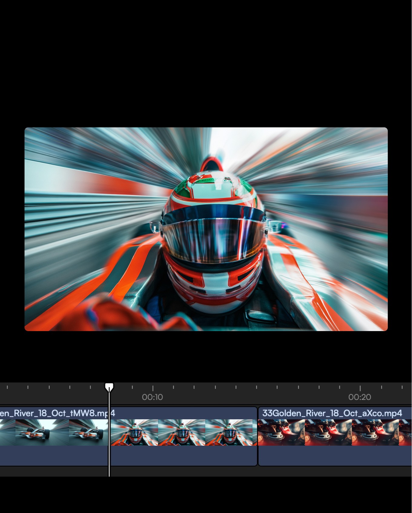 Video editing interface showing a high-speed racing clip timeline in Diffusion Studio, representing professional editing and high speed performance.