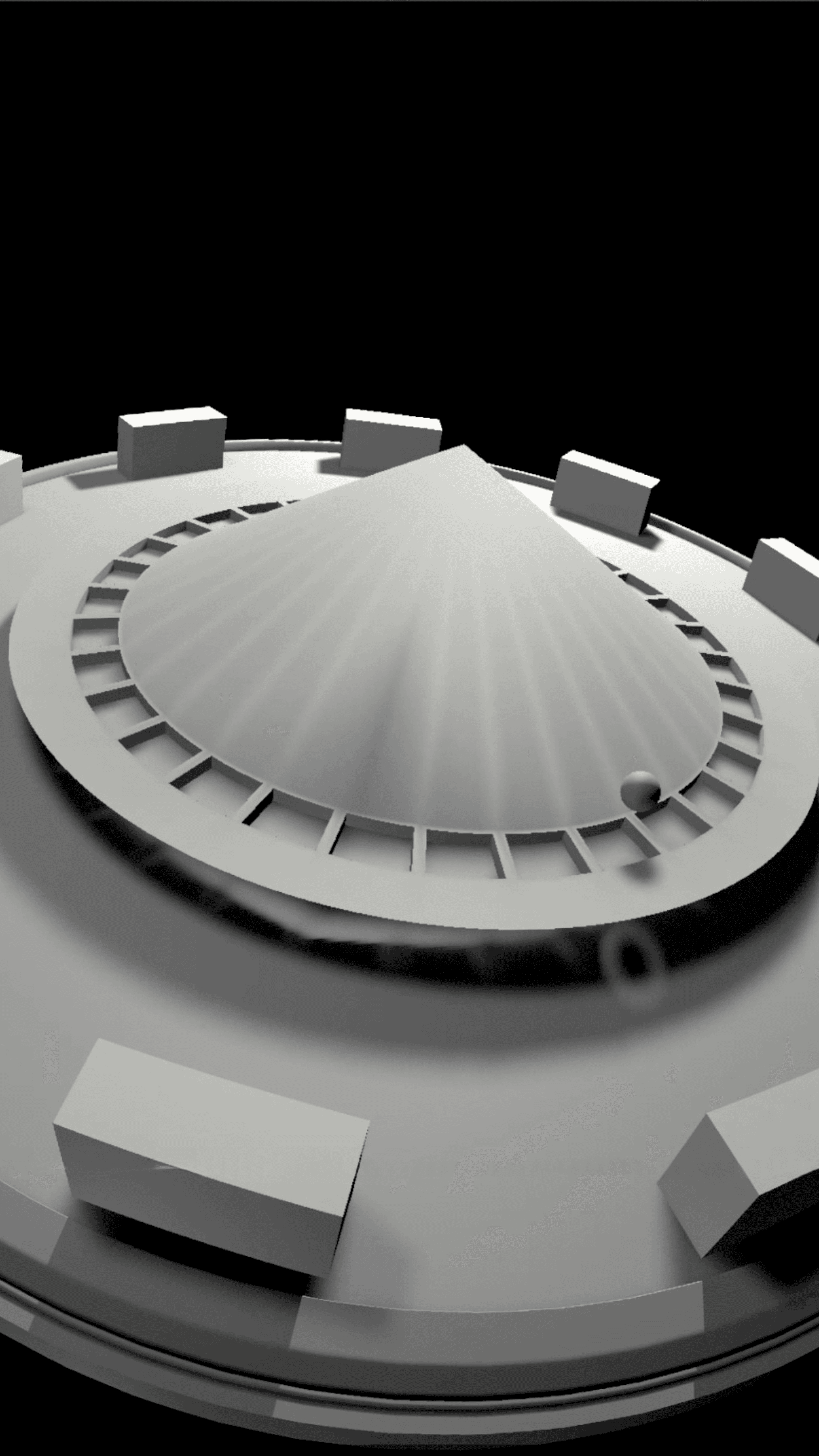 A grayscale wireframe 3D model shows cleaning spray bottles placed within a complex stairwell