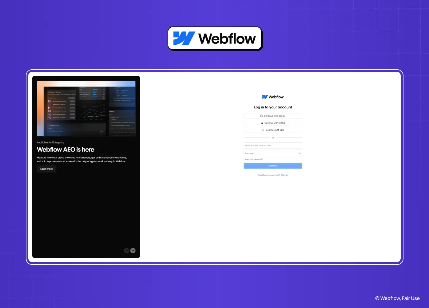 Webflow login page paired with a product showcase, offering email, Google, GitHub, and SSO authentication options.