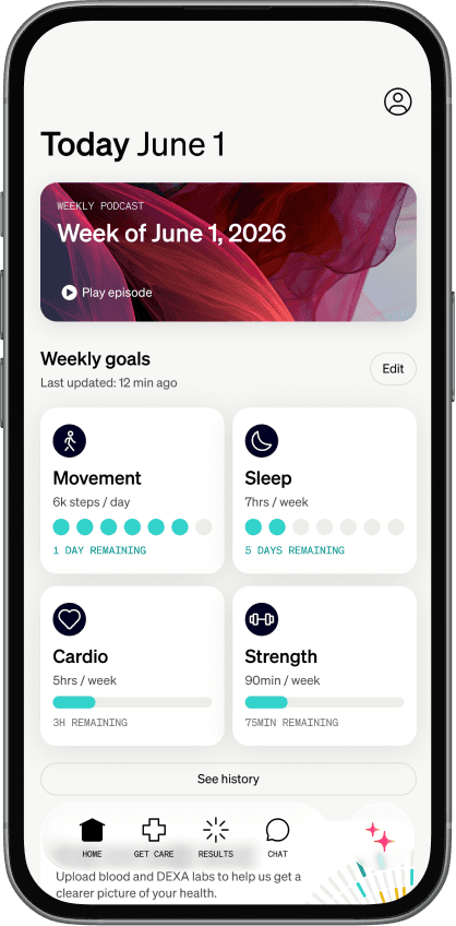 Eternal app weekly goals screen showing sleep target of 7 hours and strength training goal of 90 minutes per week