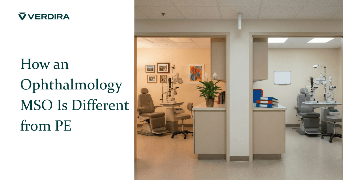 Two adjacent ophthalmology exam rooms contrasting warm physician-owned environment with cold corporate PE-owned environment