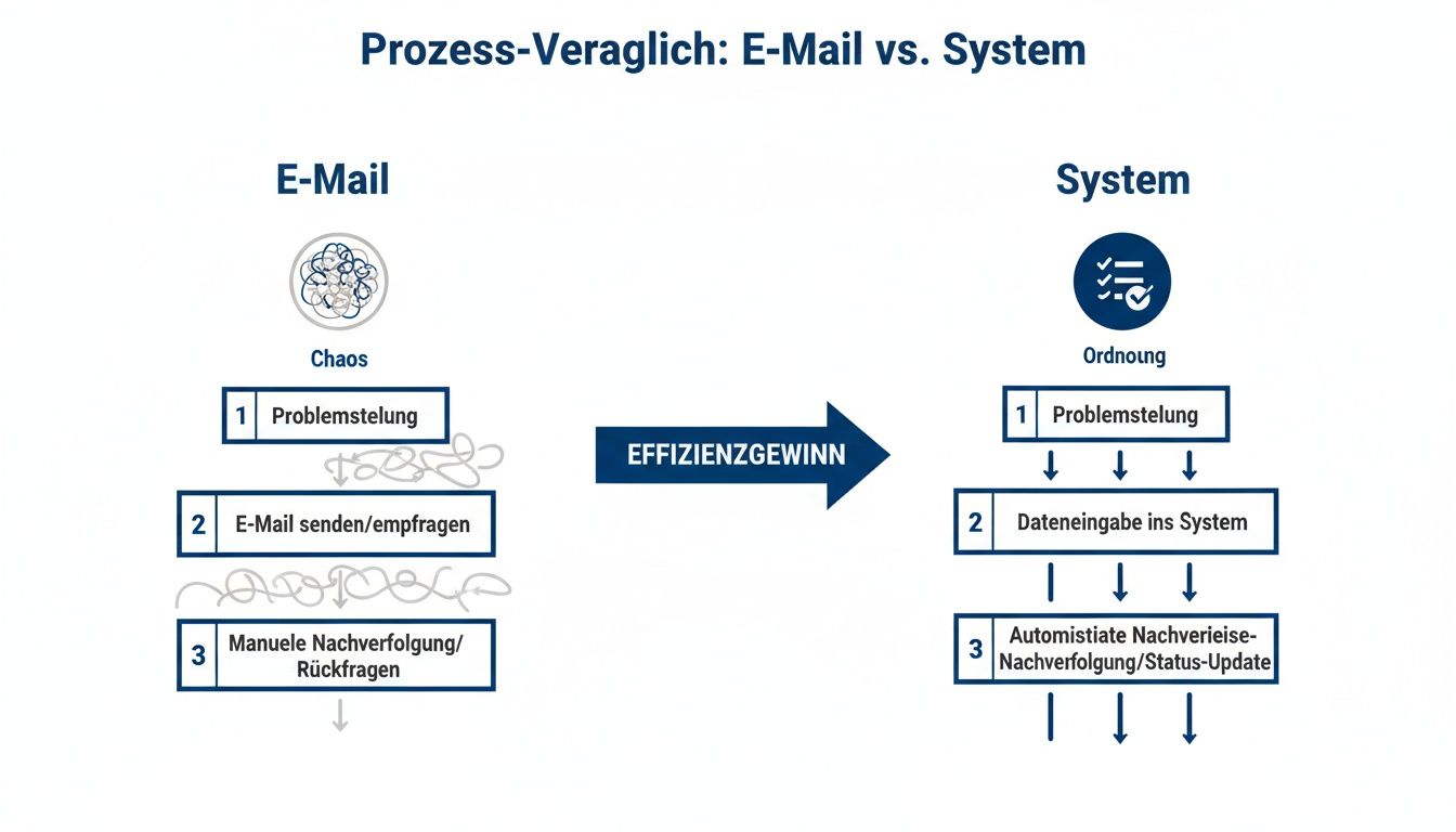 Flussdiagramm zum Prozessvergleich von E-Mail (Chaos) und System (Ordnung), welches den Effizienzgewinn darstellt.