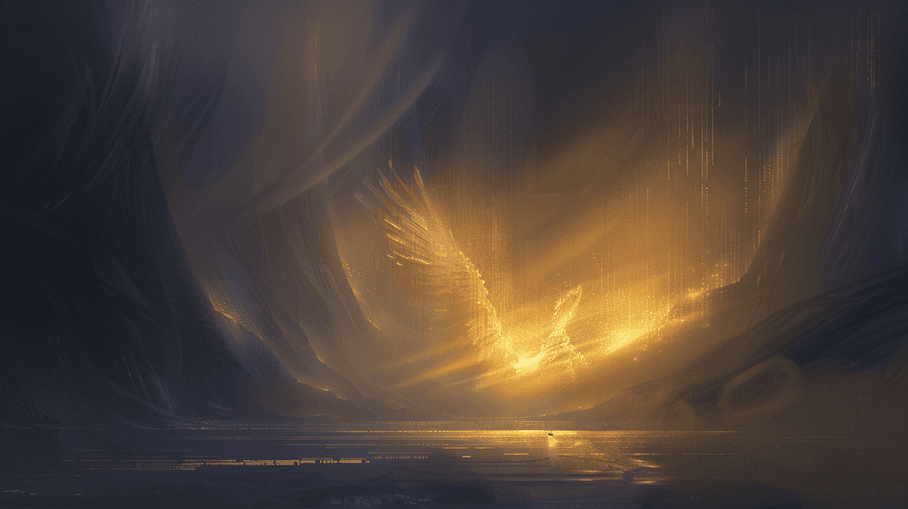 A dramatic scene featuring dark clouds illuminated by a warm, glowing light, creating a sense of mystery and intensity.