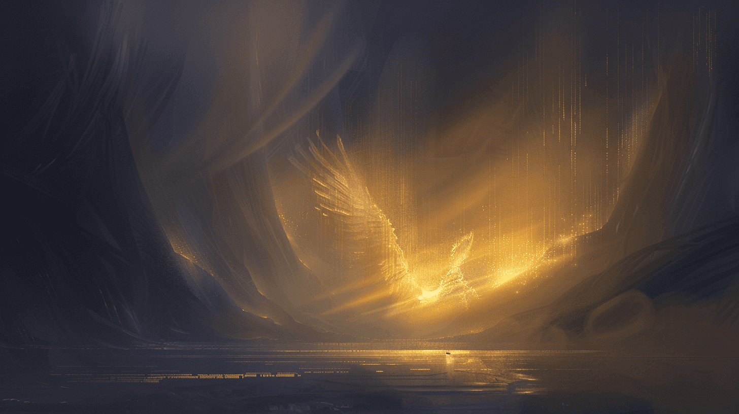 A dramatic scene featuring dark clouds illuminated by a warm, glowing light, creating a sense of mystery and intensity.