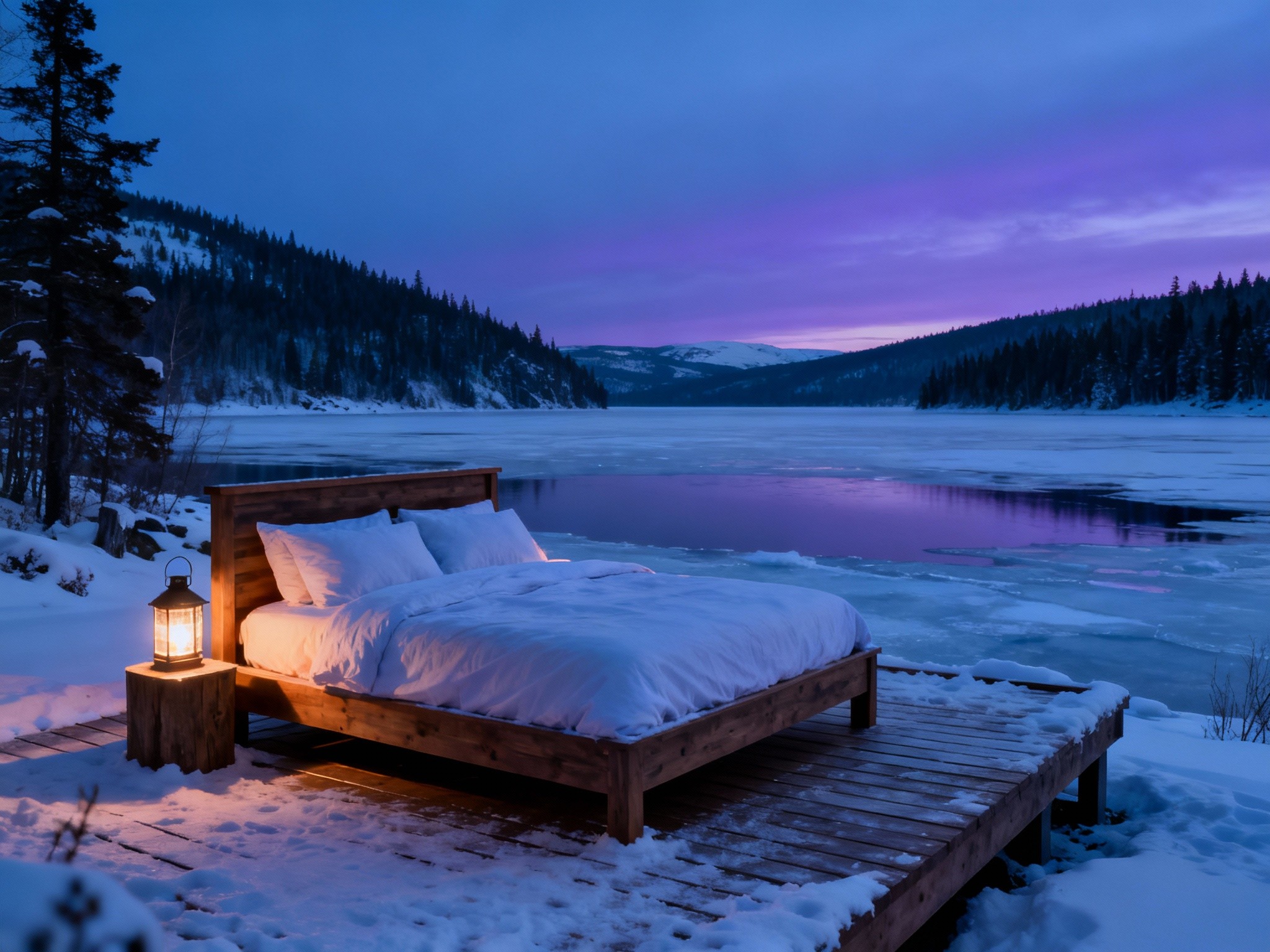 An editorial-style photograph capturing an Alaskan king bed set outdoors on a snow-covered deck