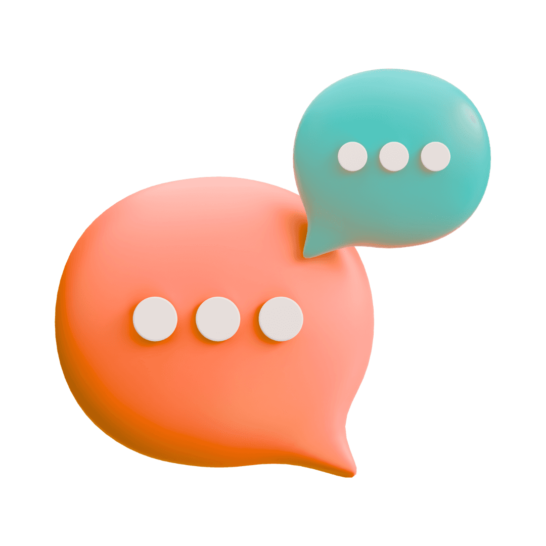 3D illustration of cream and gray overlapping chat bubbles with three dots inside, symbolizing communication, set against a black background.