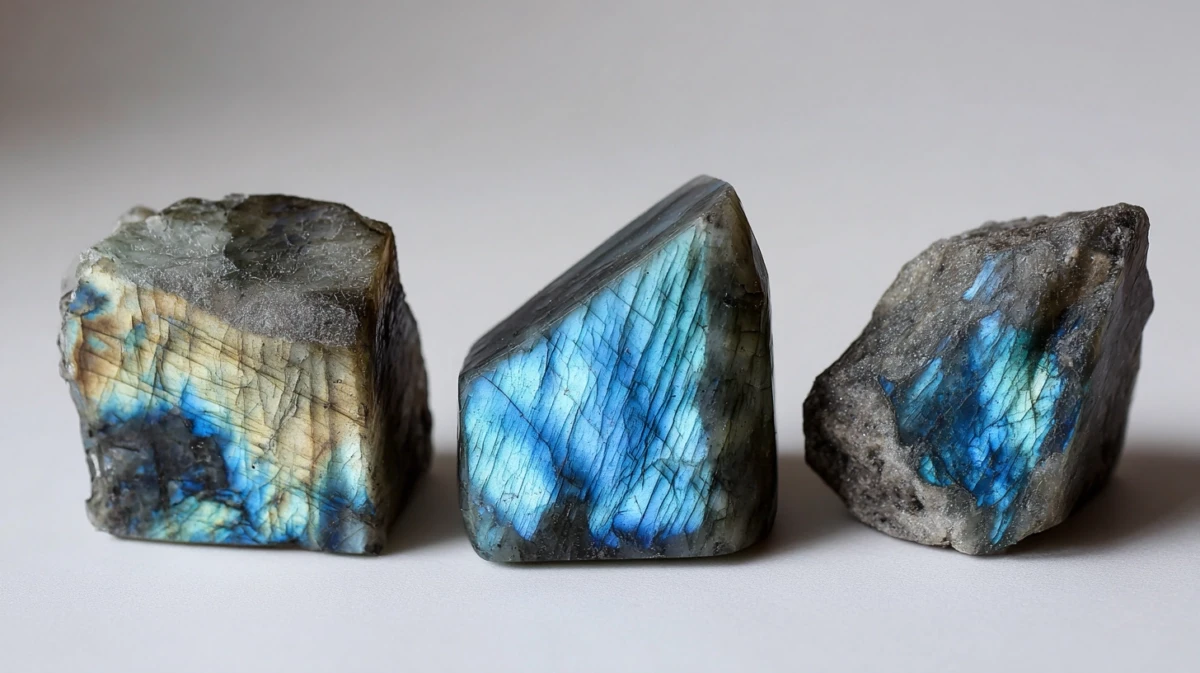 Comparison of labradorite specimens showing different flash quality