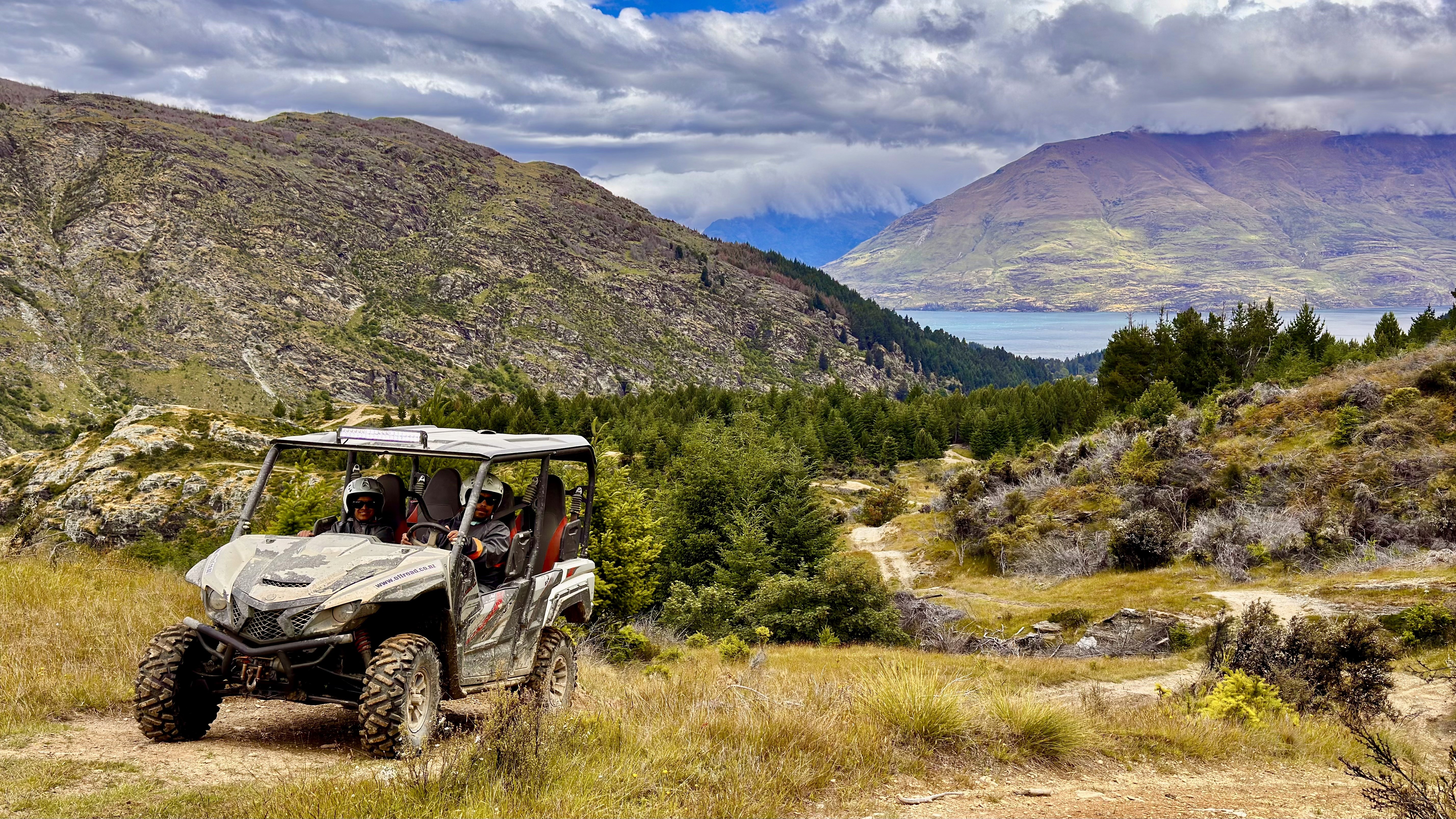 Us driving the 4WD vehicle the rugged mountainous terrain in Queenstown.