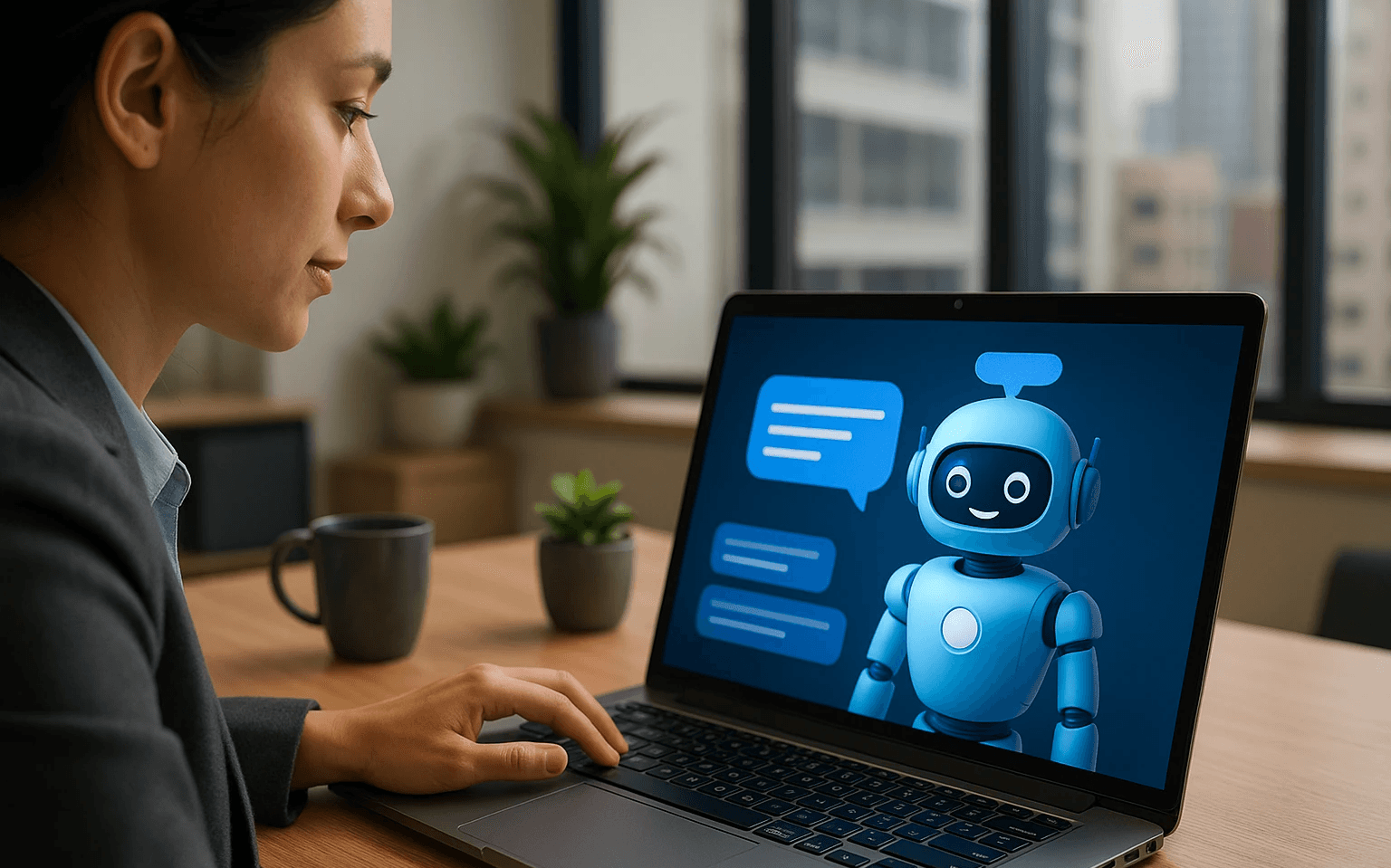 Woman using laptop with chatbot interface - AI Lead Generation Chatbot