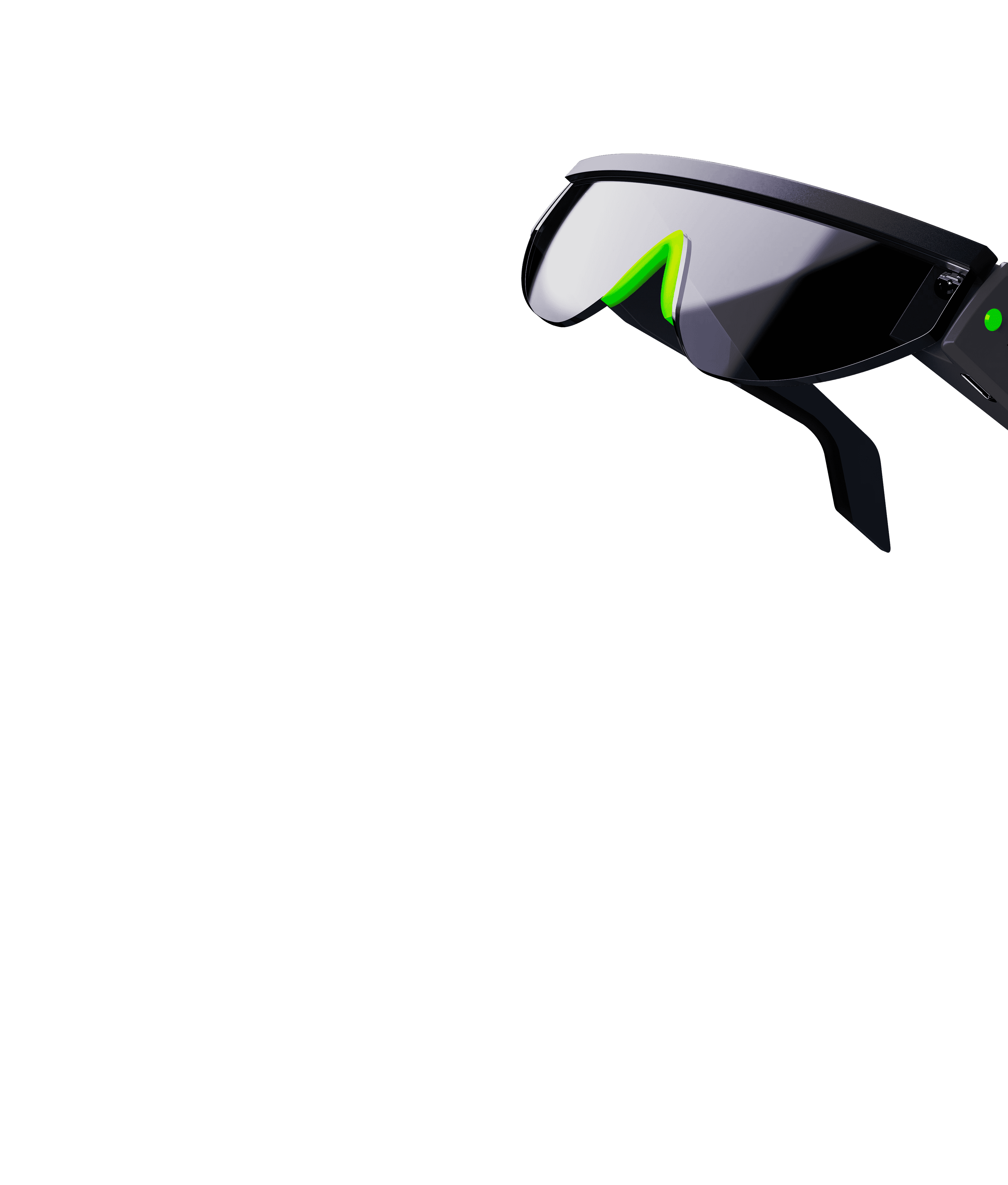 Close up rendering of the dark variant of the Vision 01 AR glasses on a transparent background.