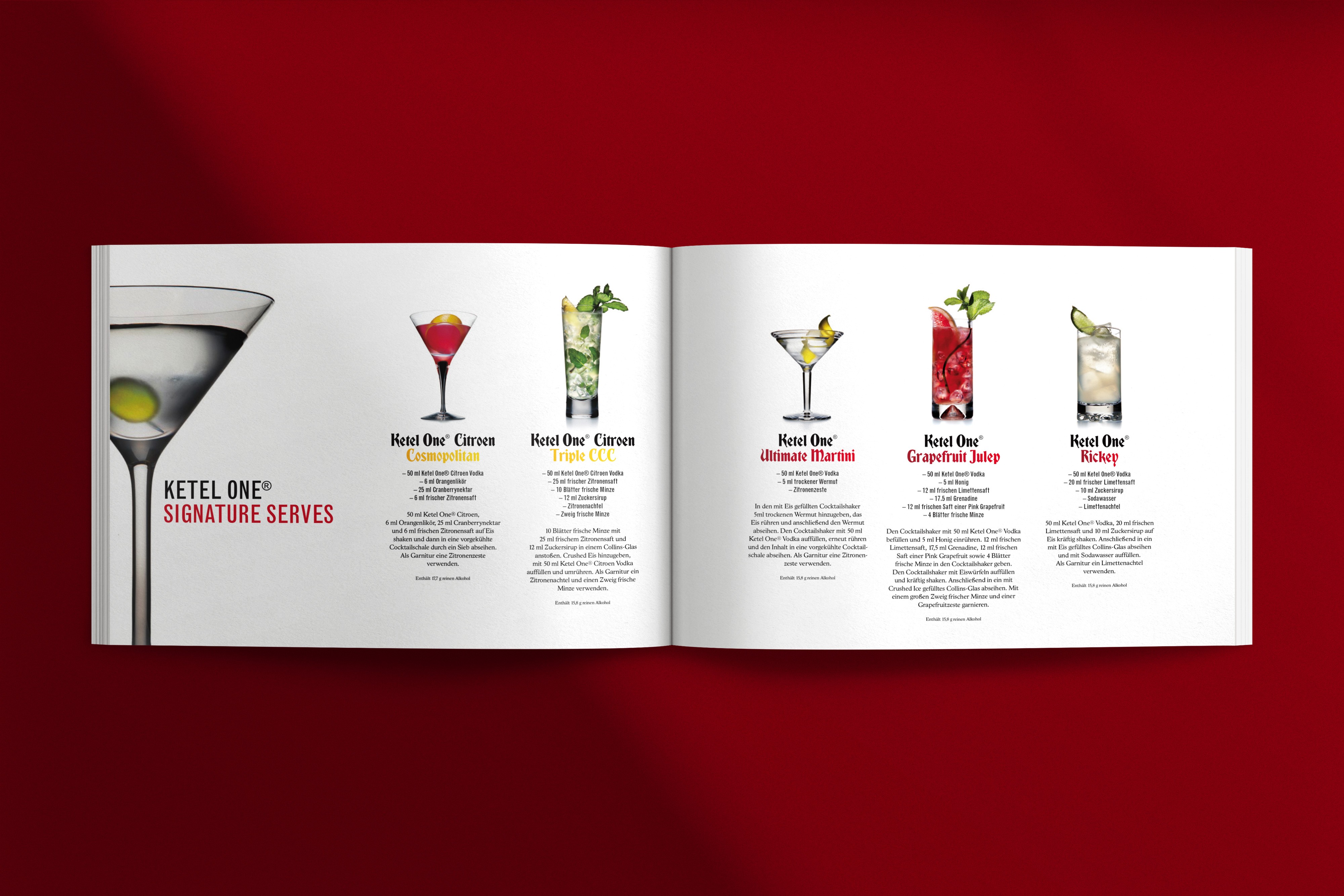 Doppelseite aus der Ketel One Vodka Broschüre – präzises Layout mit ausgewogener Typografie und edler Bildsprache