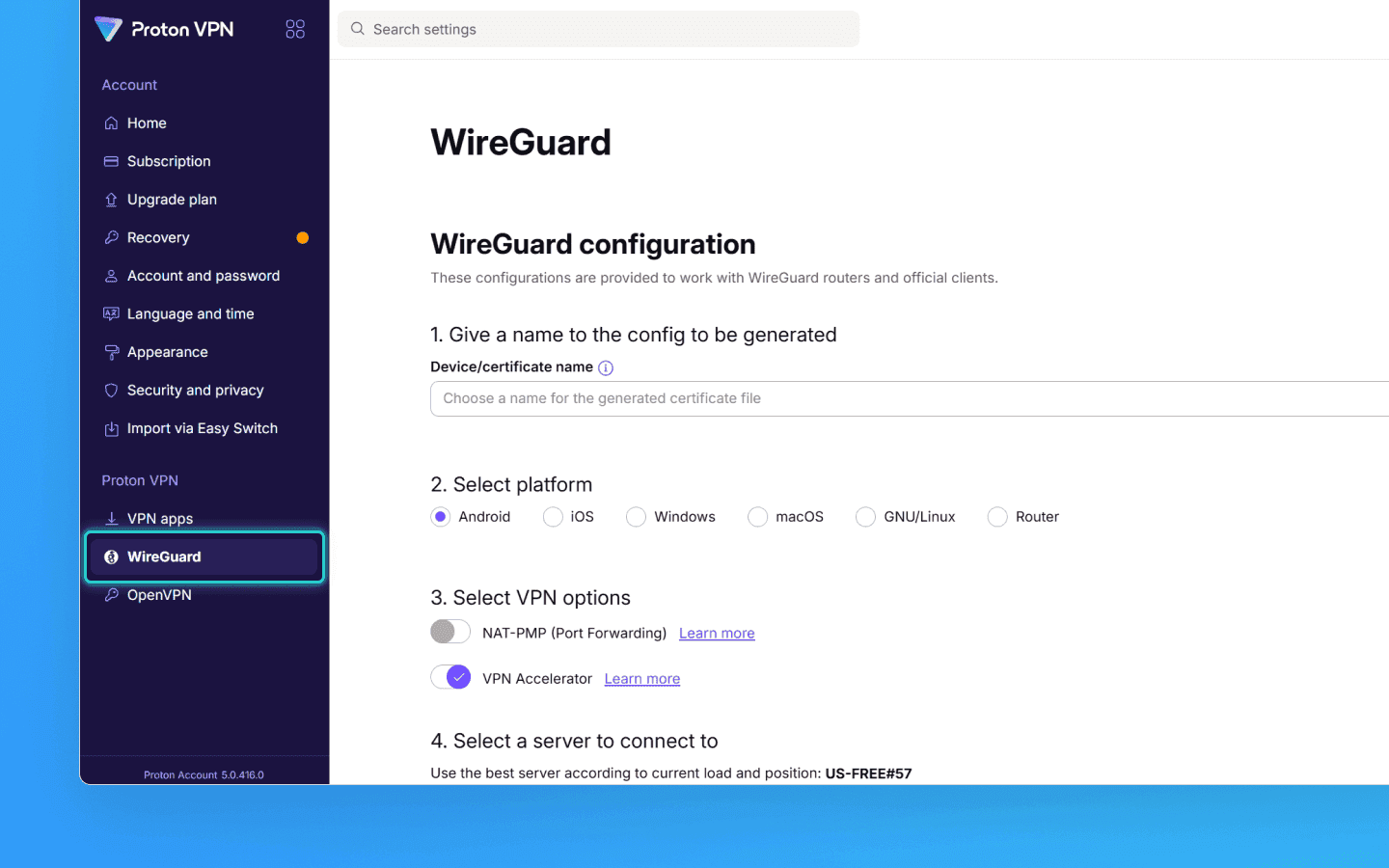 Раздел Proton VPN в боковом меню, внутри — пункт WireGuard