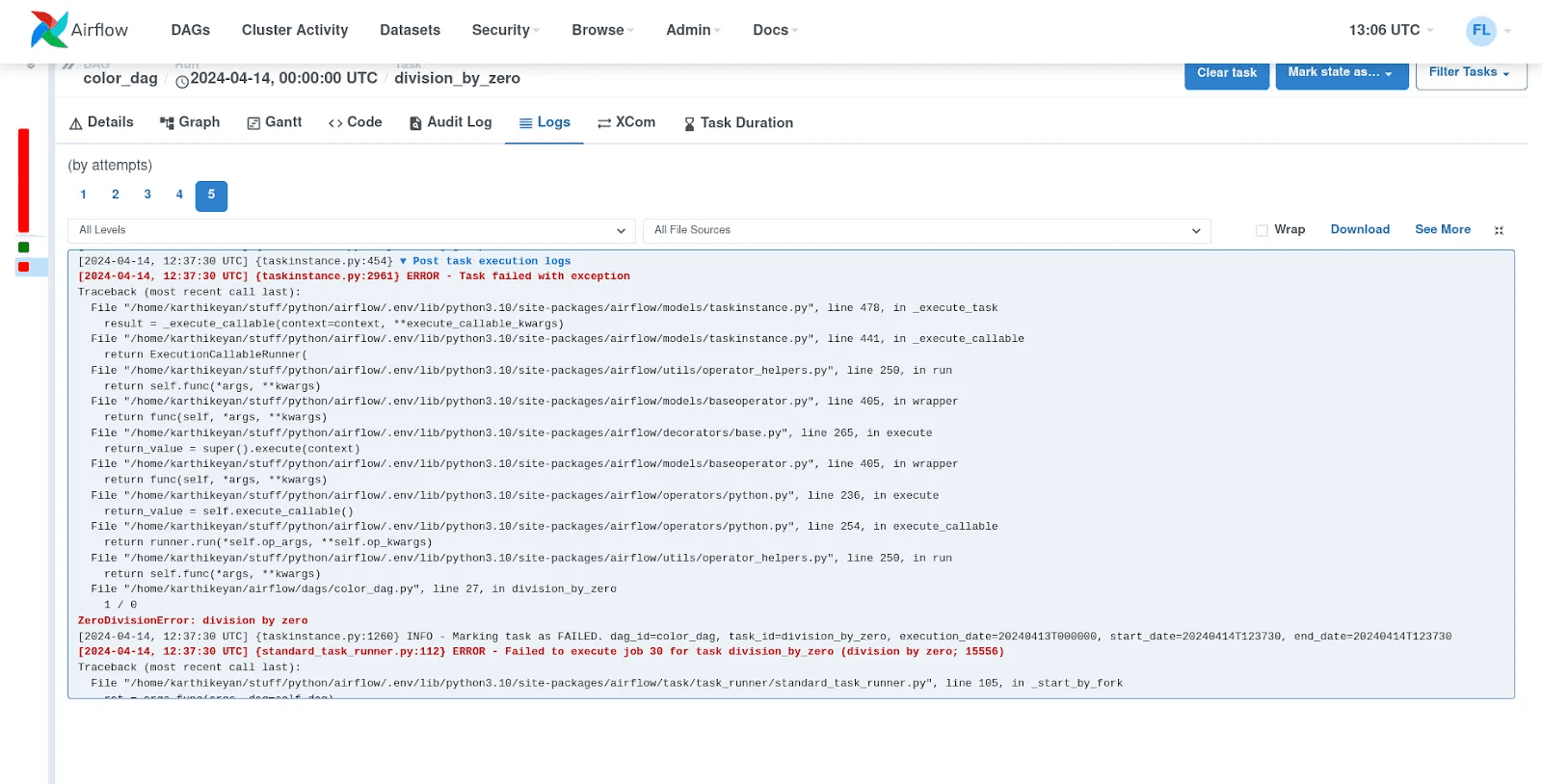 Screenshot of Apache Airflow’s task attempt log interface, showing error messages and stack traces from a failed task execution. The log details include timestamps, error descriptions, and the Python traceback indicating where the error occurred in the code.